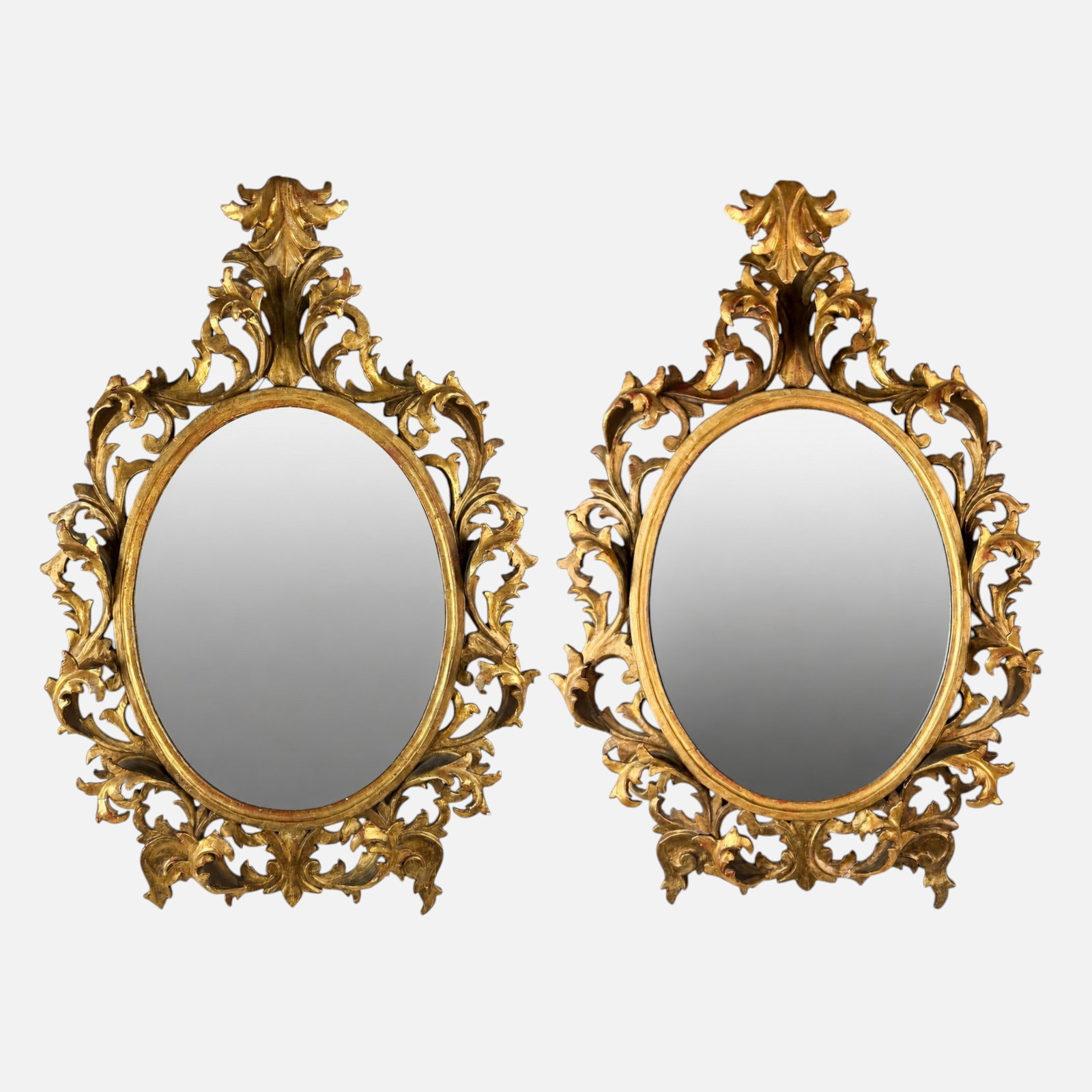 Pair Antique Italian Carved Gilt Wood & Gesso Wall Mirrors: Ca. last quarter 19th to first quarter 20thC. Good age-appropriate condition, with minor repairs, surface wear, minor breaks. For shipping, we highly recommend Donald Camden at UPS Store 4608. Alterna