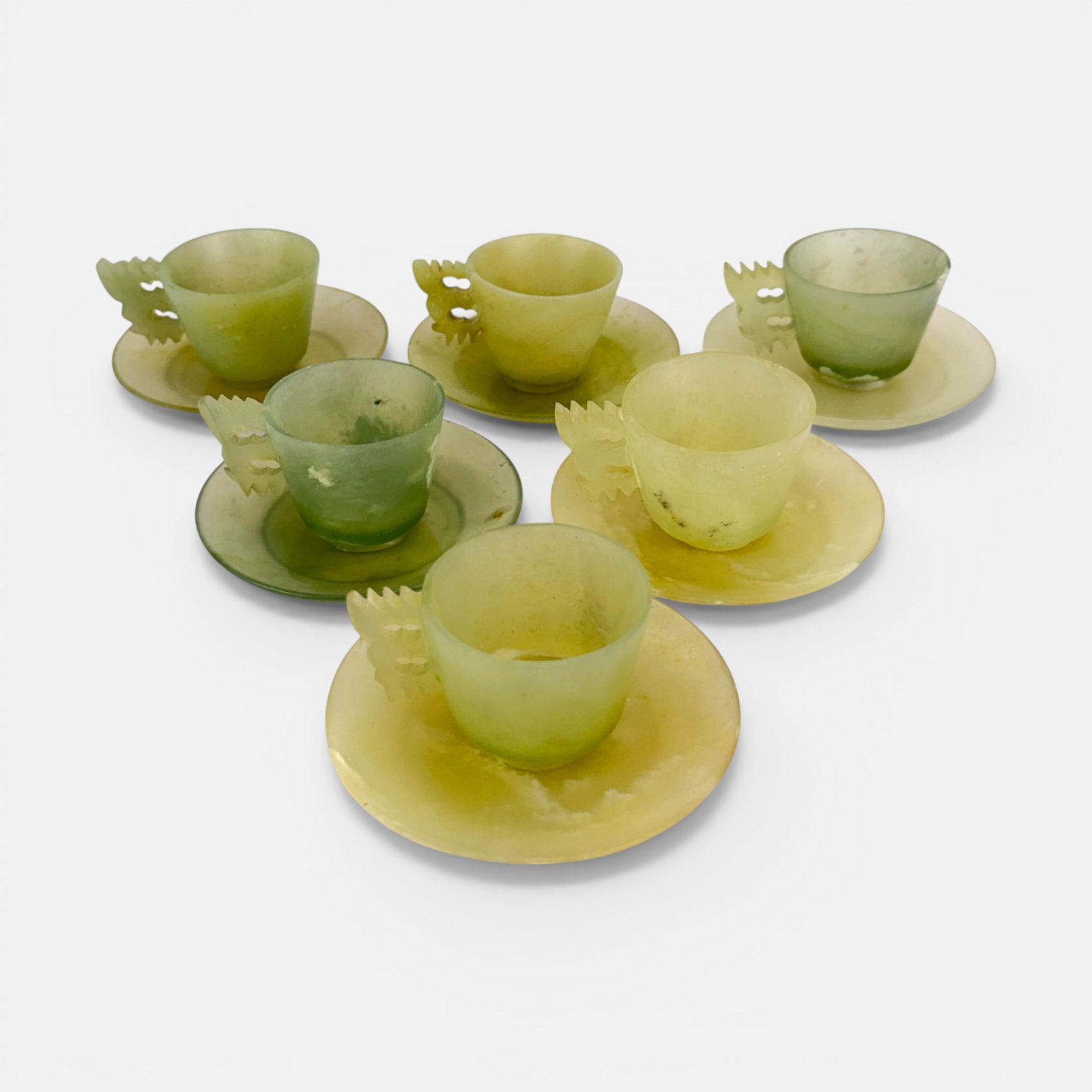 Six Antique Chinese Carved Celadon Jade Dragon Handle Cups w/Saucers (1 of 11)