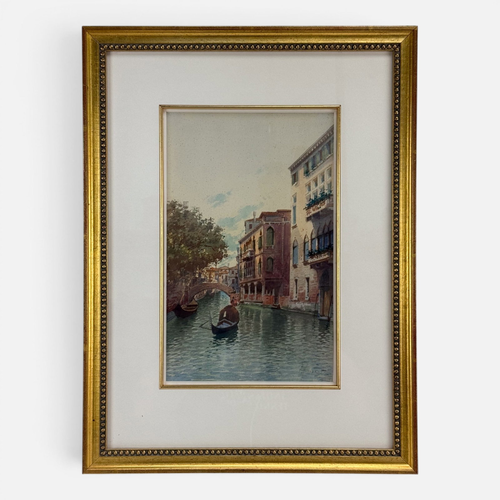 Andrea Biondetti Italian Canal Scene Watercolor on Paper Painting: Andrea Biondetti (Italian, 1851-1946), watercolor on paper, signed lower right. Good sight condition, with shown foxing. Framed, matted, and sealed. Unexamined out of frame. Approx. sight size 12" x 7