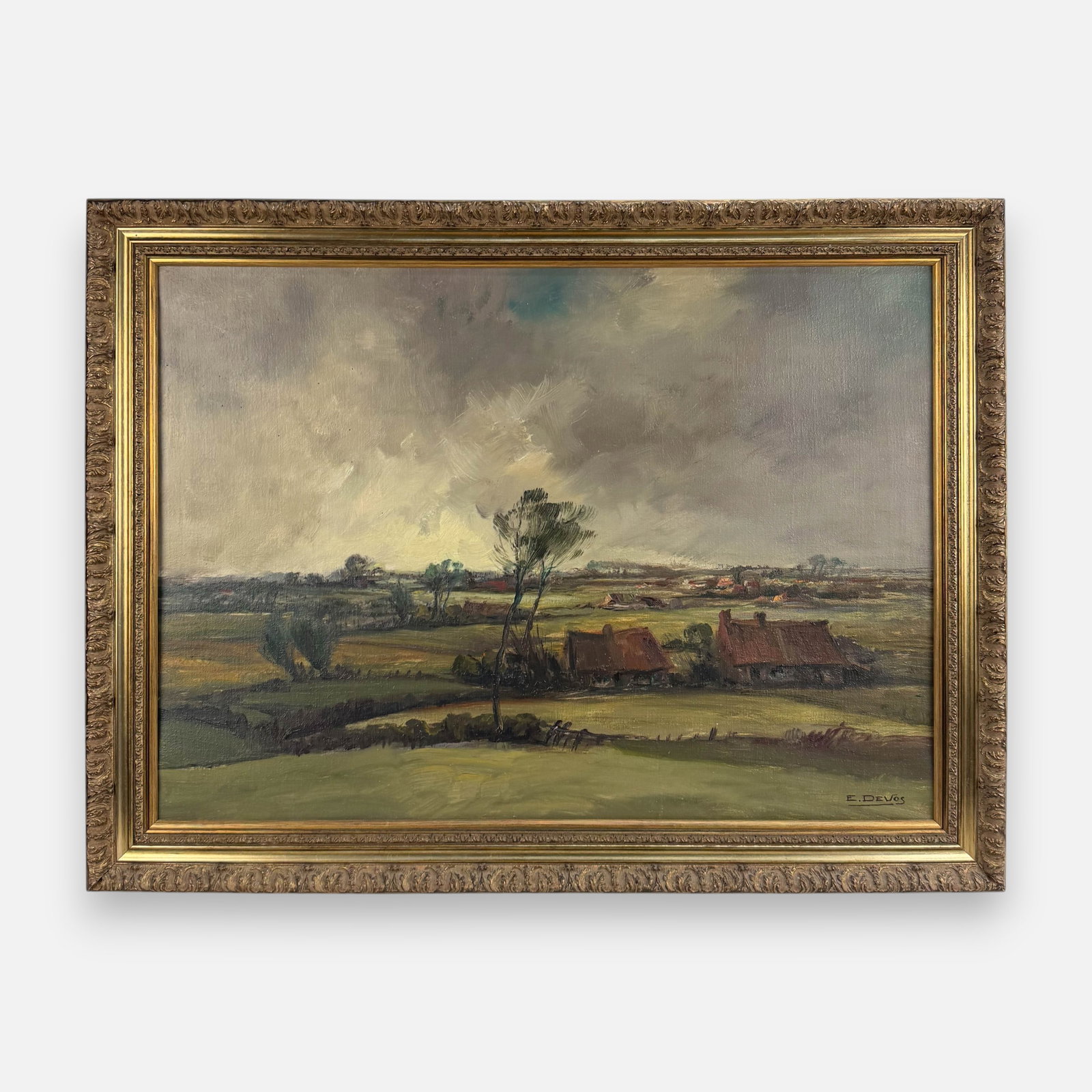 Emiel Joseph Devos Impressionist Pastoral Landscape Oil on Canvas Painting: Emiel Joseph Devos (Flemish, 1886-1964), oil on canvas, signed "E. Devos" lower right. Very good sight condition. Verso sealed as shown. Unexamined out of frame. Approx. sight size 20" x 27". For ship