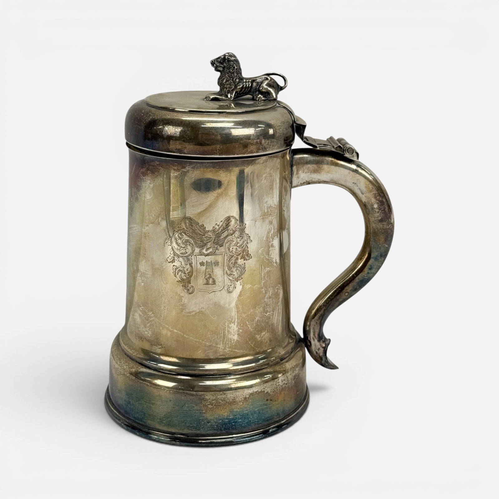 Antique .800 Silver Tankard Stein w/Recumbent Lion Hinged Lid (1 of 14)