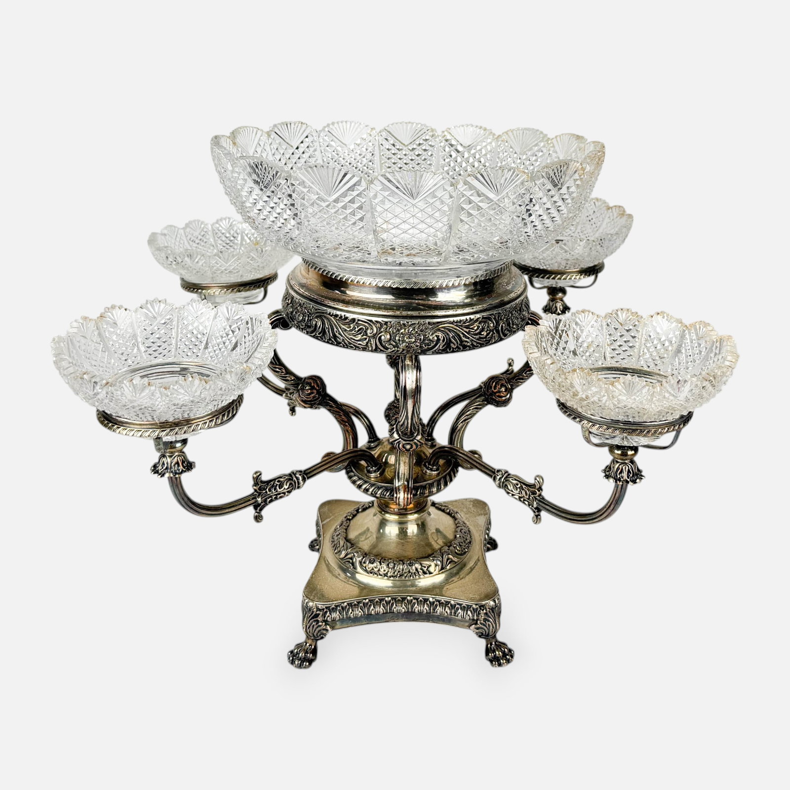 Antique Victorian Silverplate Five-Part Centerpiece Epergne w/Cut Crystal Glass Bowls (1 of 15)