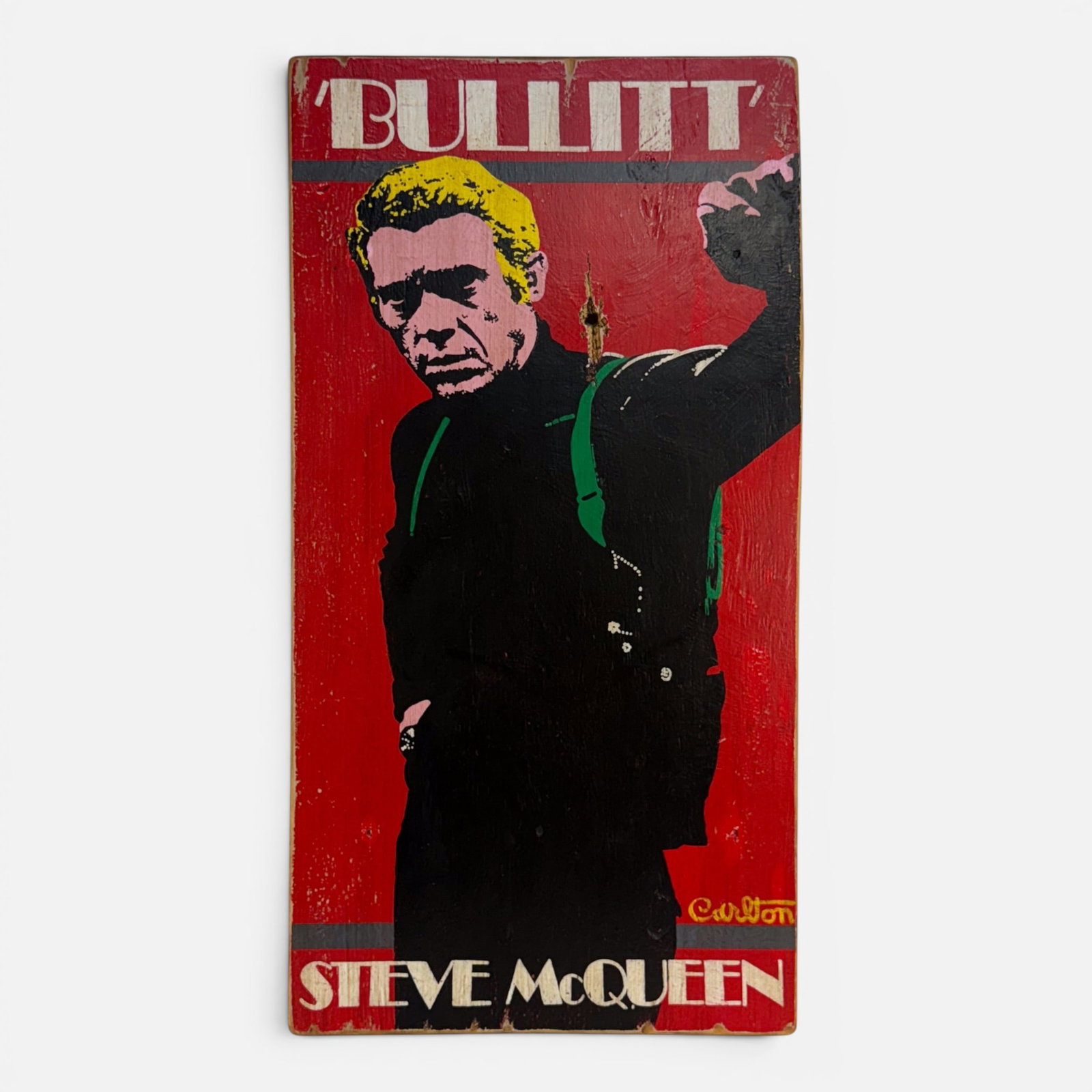 Trevor Carlton "BULLIT" 2005 Steve McQueen Movie Poster Oil on Wood: Monte Trevor Carlton (Americna, b. 1972), Bullitt, oil on reclaimed wood. Monte "Trevor" Carlton (b. 1972) is an acclaimed Disney Fine Art artist whose work is featured in Disney theme parks and galle