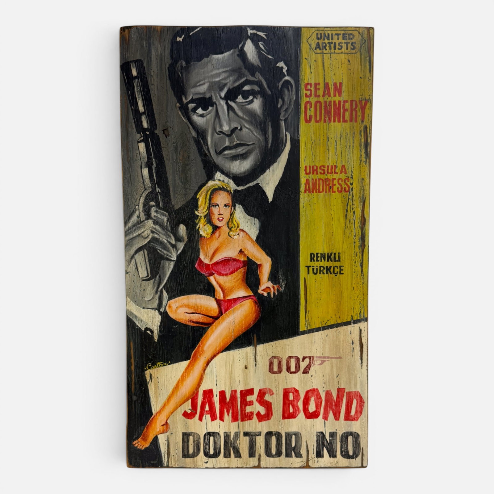 Trevor Carlton "James Bond - Dr. No" 2002 Sean Connery 007 Movie Poster Oil on Wood: Monte Trevor Carlton (Americna, b. 1972), Dr. No, oil on reclaimed wood. Monte "Trevor" Carlton (b. 1972) is an acclaimed Disney Fine Art artist whose work is featured in Disney theme parks and galler