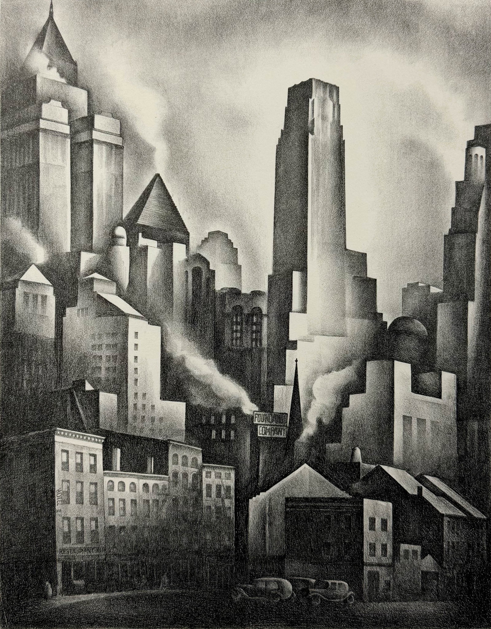 Howard Norton Cook "Financial District, Old New York" 1931 Lithograph Print: Howard Norton Cook (American, 1901-1980), Financial District, Old New York, lithograph. Pencil signed lower right, titled and dated 1931. From an edition of 75. Ex: Owings-Dewey Fine Art. Very good co