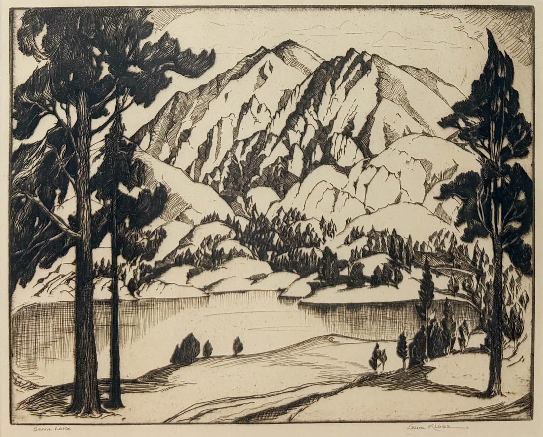 Gene Kloss "Sierra Lake" 1930 Drypoint Etching Print: Gene Kloss (American, 1903-1996), Sierra Lake, drypoint etching. Pencil signed and titled below image as shown. Limited edition of 25. Ex: Zaplin Lampert Gallery. Framed, matted, and sealed. Unexamine