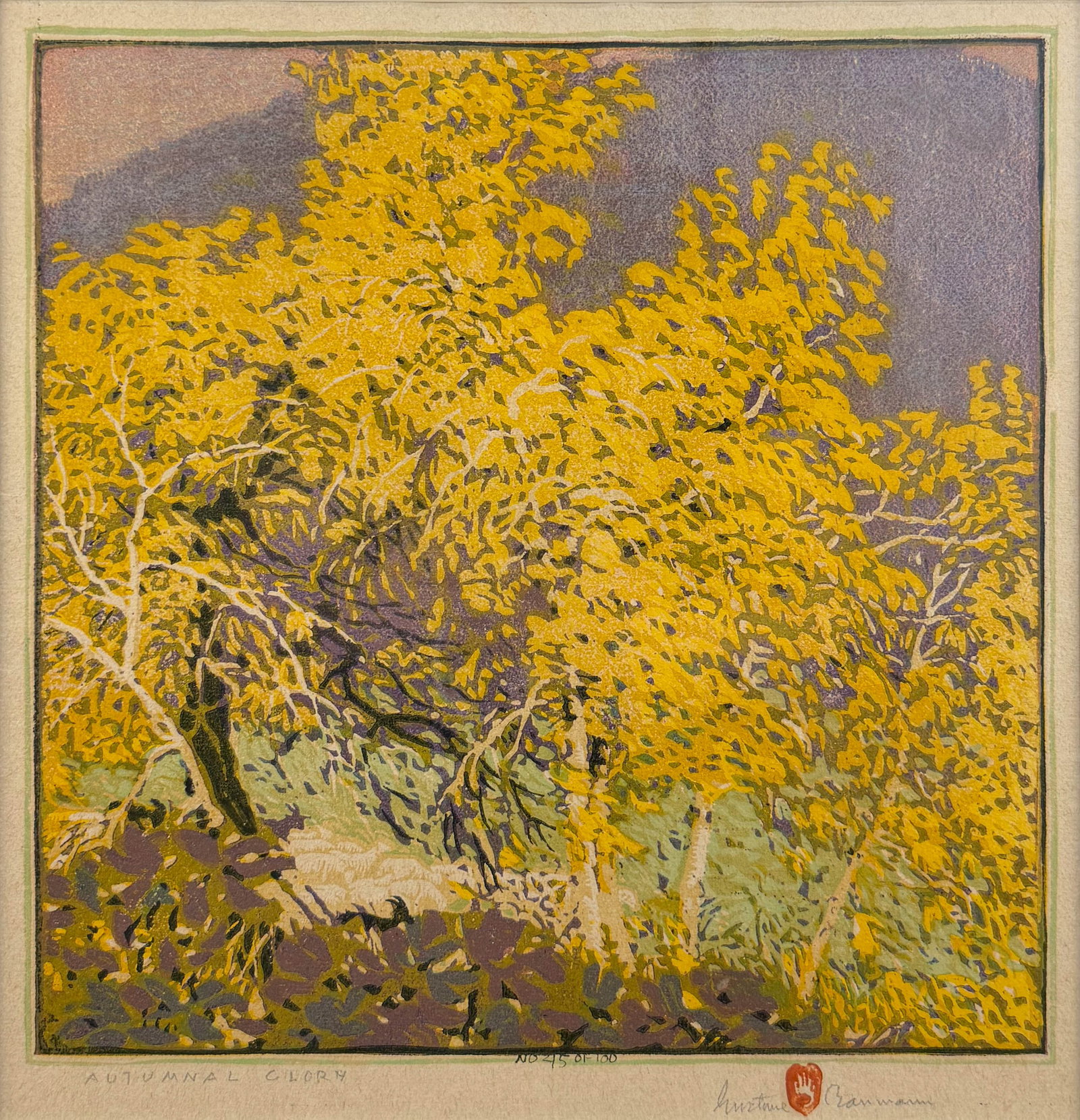 Gustave Baumann "Autumnal Glory" Woodblock Print #45/100 Arts & Crafts Framed: Gustave Baumann (German-American, 1881-1971), Autumnal Glory, woodblock. Pencil signed and titled. Numbered #45/100. Ex: Owings-Dewey Fine Art. Very good color. Approx. image size 12 1/2" x 12 1/2". F
