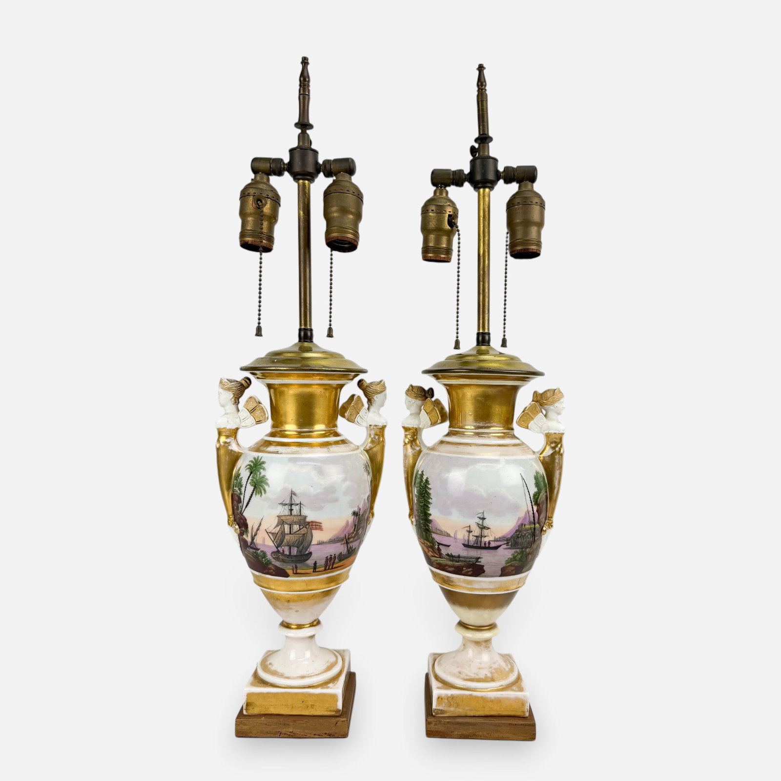 Old Paris Scenic Ships w/Palm Trees in Tahiti Harbor Hand Painted Gilt Porcelain Urn Lamps (1 of 13)