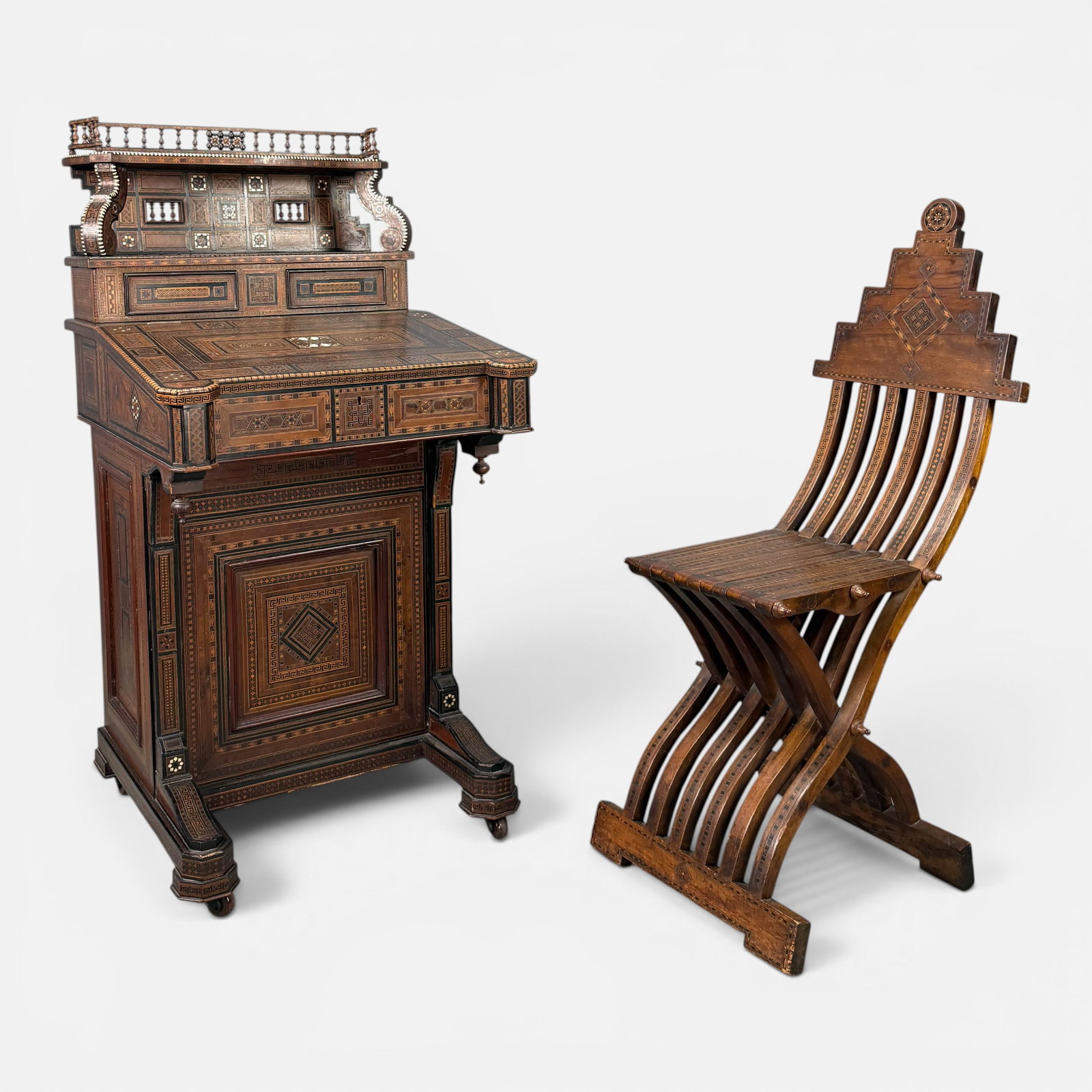 Antique Syrian Islamic Inlaid Davenport Desk & Folding Chair: Fantastic, possibility a furniture exposition/show piece. Good age-appropriate condition, see losses, surface wear. Chair measures approx. H: 38 1/2", W: 16", D: 22". Desk measurements included in lis