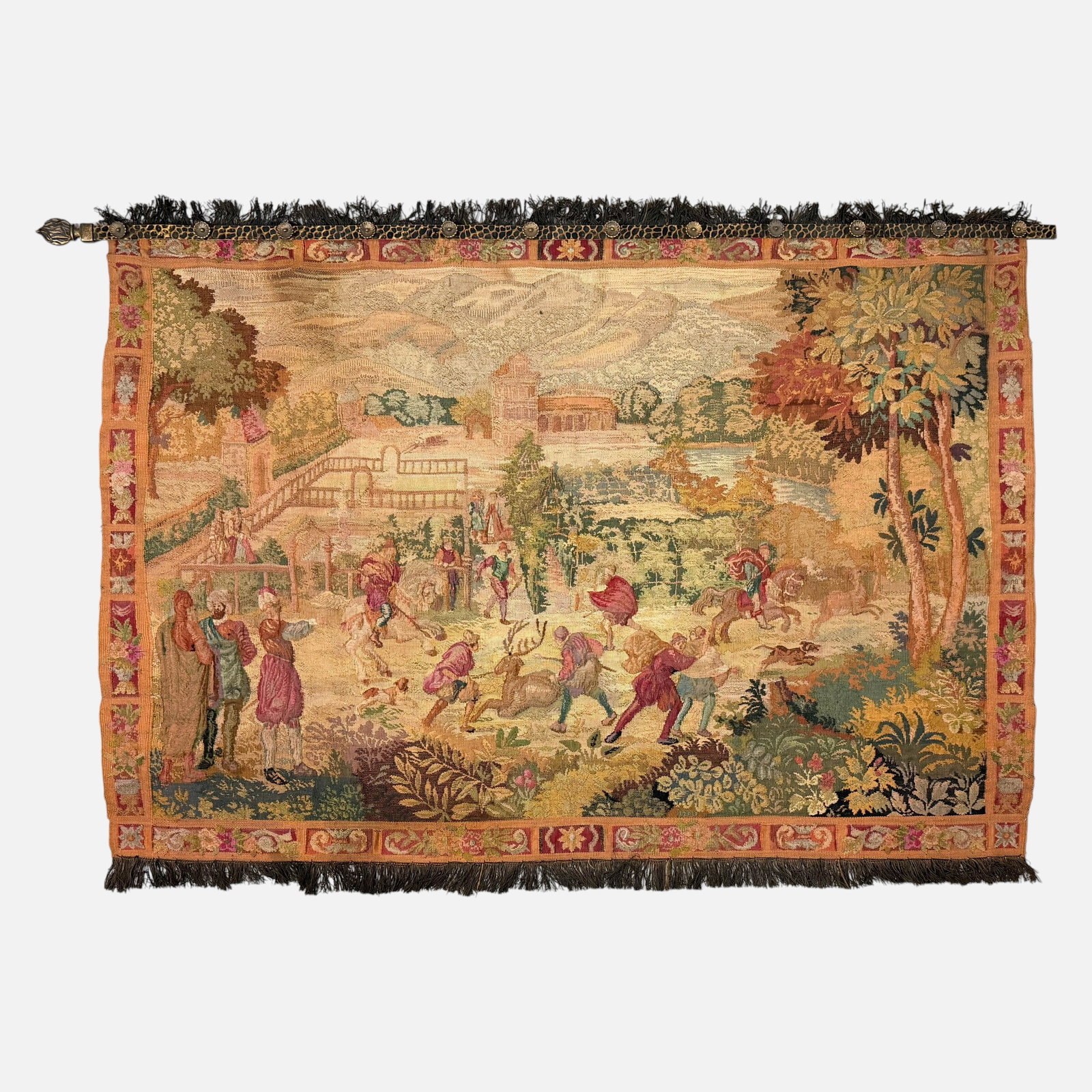 French Aubusson Hunting Scene Tapestry: Very good condition as shown. Tapestry measures approx. 46 1/2" x 67 1/2" not including mount and fringe. For shipping, we highly recommend Donald Camden at UPS Store 4608. Alternatively, reach out to