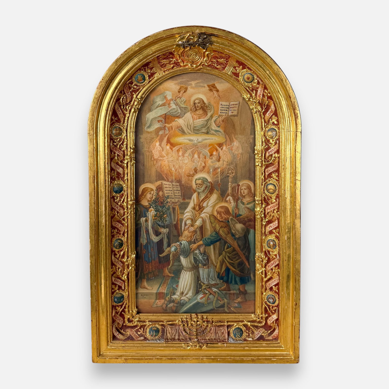 Ricciardo Meacci Watercolor Painting w/Fantastic Hand Painted Period Frame: Ricciardo Meacci (Italian, 1856-1938), watercolor on paper. Signed lower left. Approx. sight size 14 1/4" x 7". For shipping, we highly recommend Donald Camden at UPS Store 4608. Alternatively, reach 