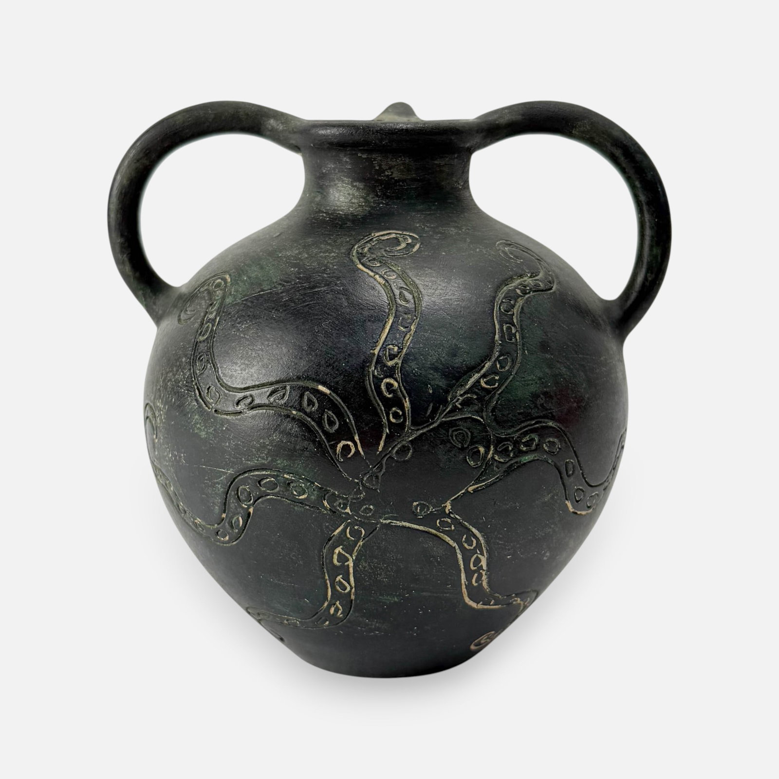 Ancient Etruscan Style Black Ware Three-Handle Vase w/Incised Octopus Design (1 of 14)