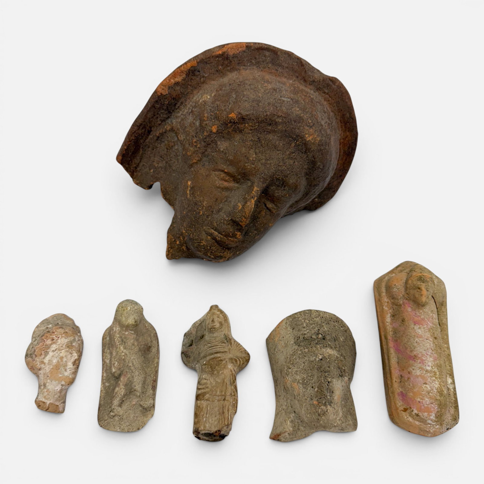 Six Ancient Greece Figural Terra-Cotta Pottery Fragments: Largest fragment is approx. 5" x 7 1/2" x 4 1/2". For shipping, we highly recommend Donald Camden at UPS Store 4608. Alternatively, reach out to one of our preferred shippers listed at the link below 