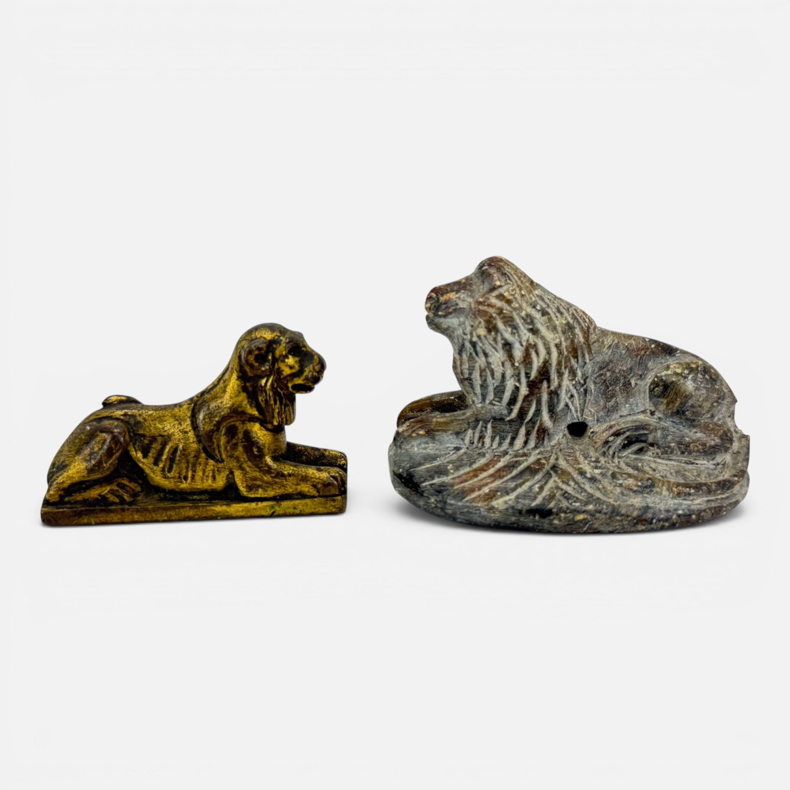 Antique Carved Soapstone Lion Wax Seal Stamp and Brass Lion Figurine: Ca. 19thC. Measurement is for the larger carved stone lion. For shipping, we highly recommend Donald Camden at UPS Store 4608. Alternatively, reach out to one of our preferred shippers listed at the l