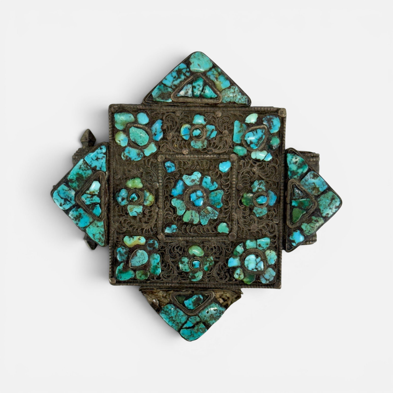 Old Tibetan Turquoise and Silver Filigree Ghau Box w/Prayer Paper (1 of 18)