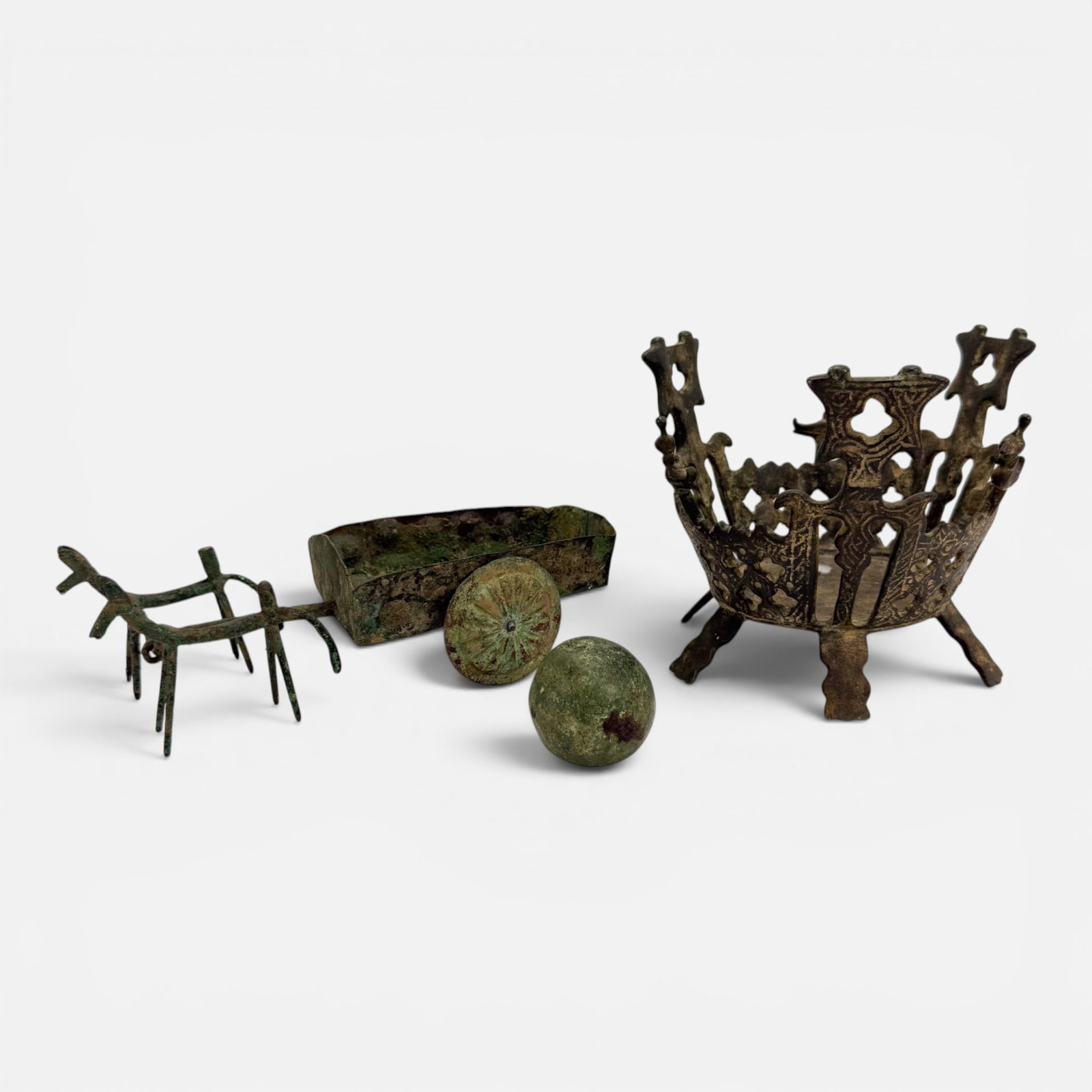 Ancient Asian Bronze Horse-Drawn Carriage Model & Antique Cast Persian Esfand Incense Burner: Horse cart is 3 1/4" x 4" x 9 1/2". Ball is 2" x 2" x 2". Bowl holder is 5 3/4" x 6" x 6". For shipping, we highly recommend Donald Camden at UPS Store 4608. Alternatively, reach out to one of our pre