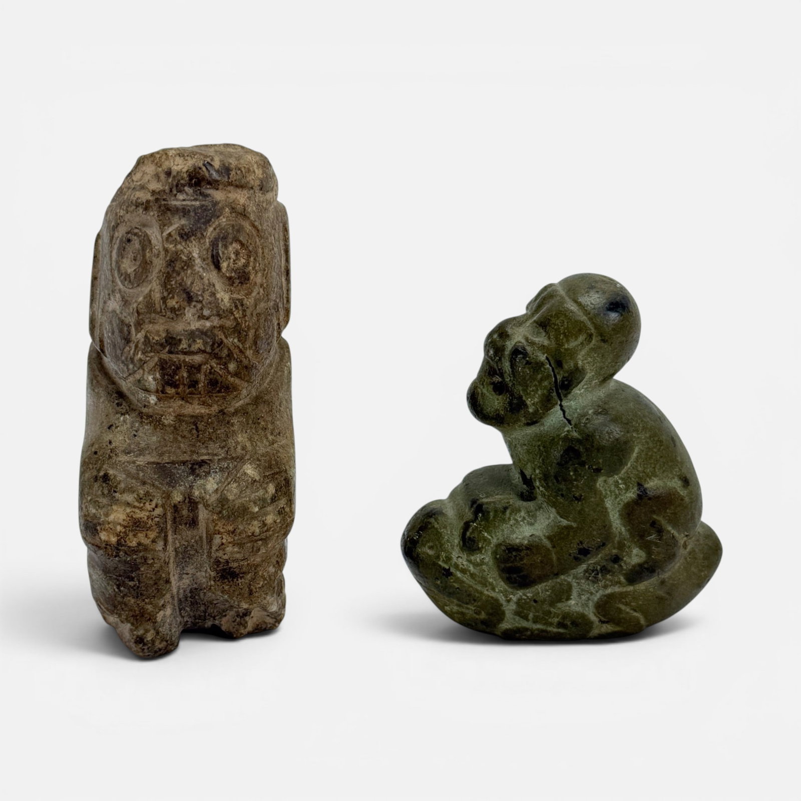 Two Pre-Columbian Olmec Carved Stone Effigy Sculpture Figurines: Measurement for the larger sculpture. For shipping, we highly recommend Donald Camden at UPS Store 4608. Alternatively, reach out to one of our preferred shippers listed at the link below or elect for