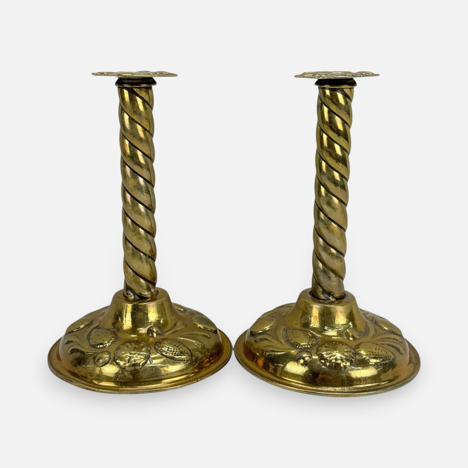 Pair Antique 18thC Barley Twist Embossed Brass Candlesticks (1 of 8)