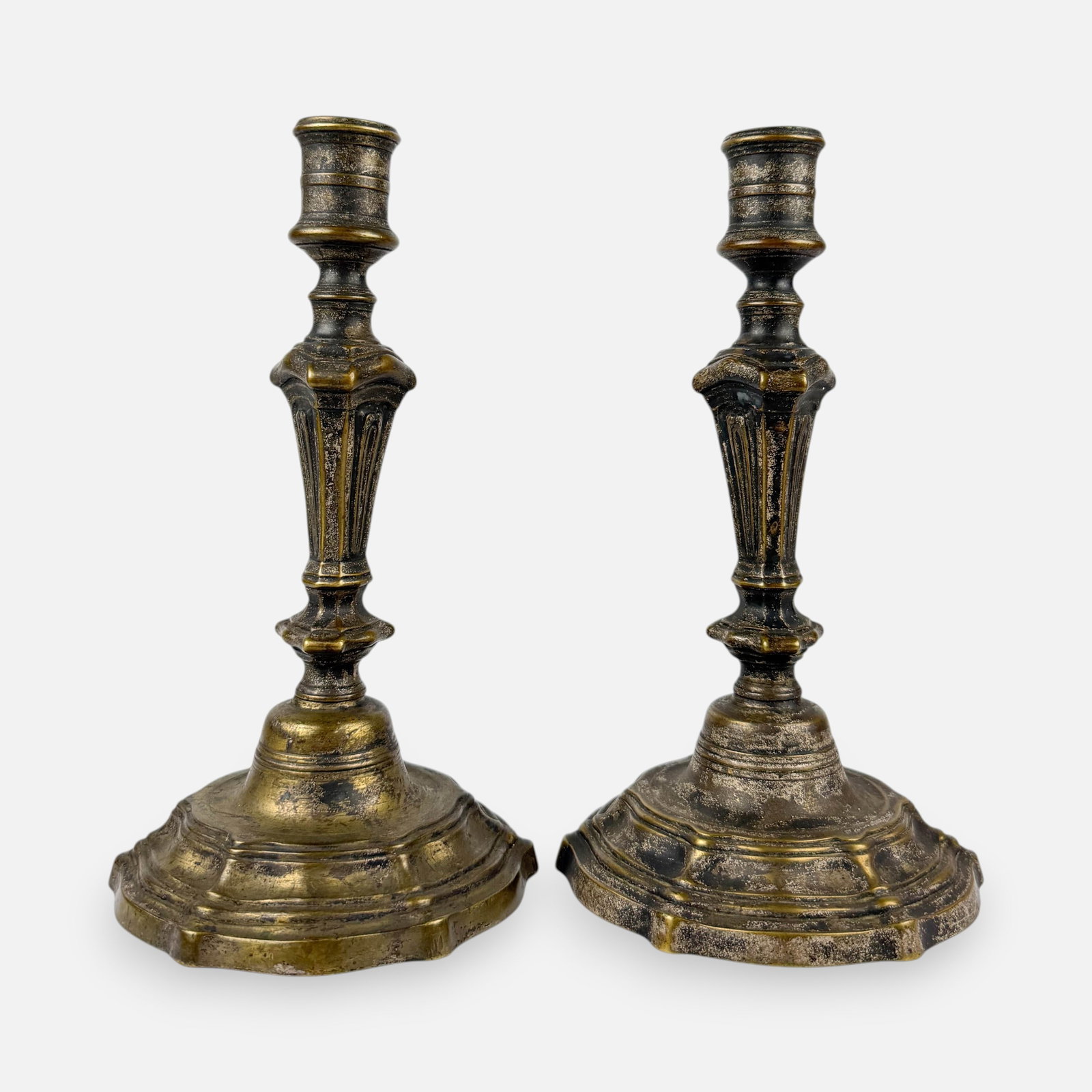 Pair Antique 18thC Silvered Brass Candlesticks (1 of 8)
