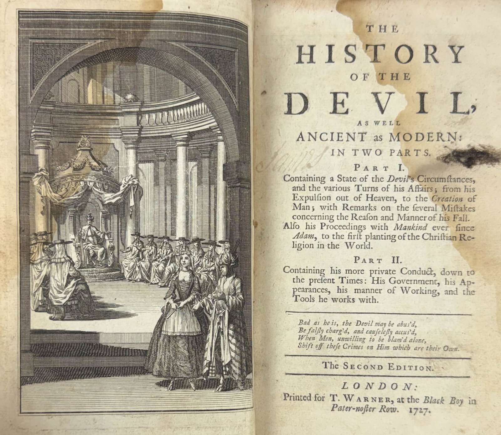 Daniel Defoe "The History of The Devil" Antique 18thC Leather Bound Book: 2nd edition 1727. See water damage, wear. For shipping, we highly recommend Donald Camden at UPS Store 4608. Alternatively, reach out to one of our preferred shippers listed at the link below or elect