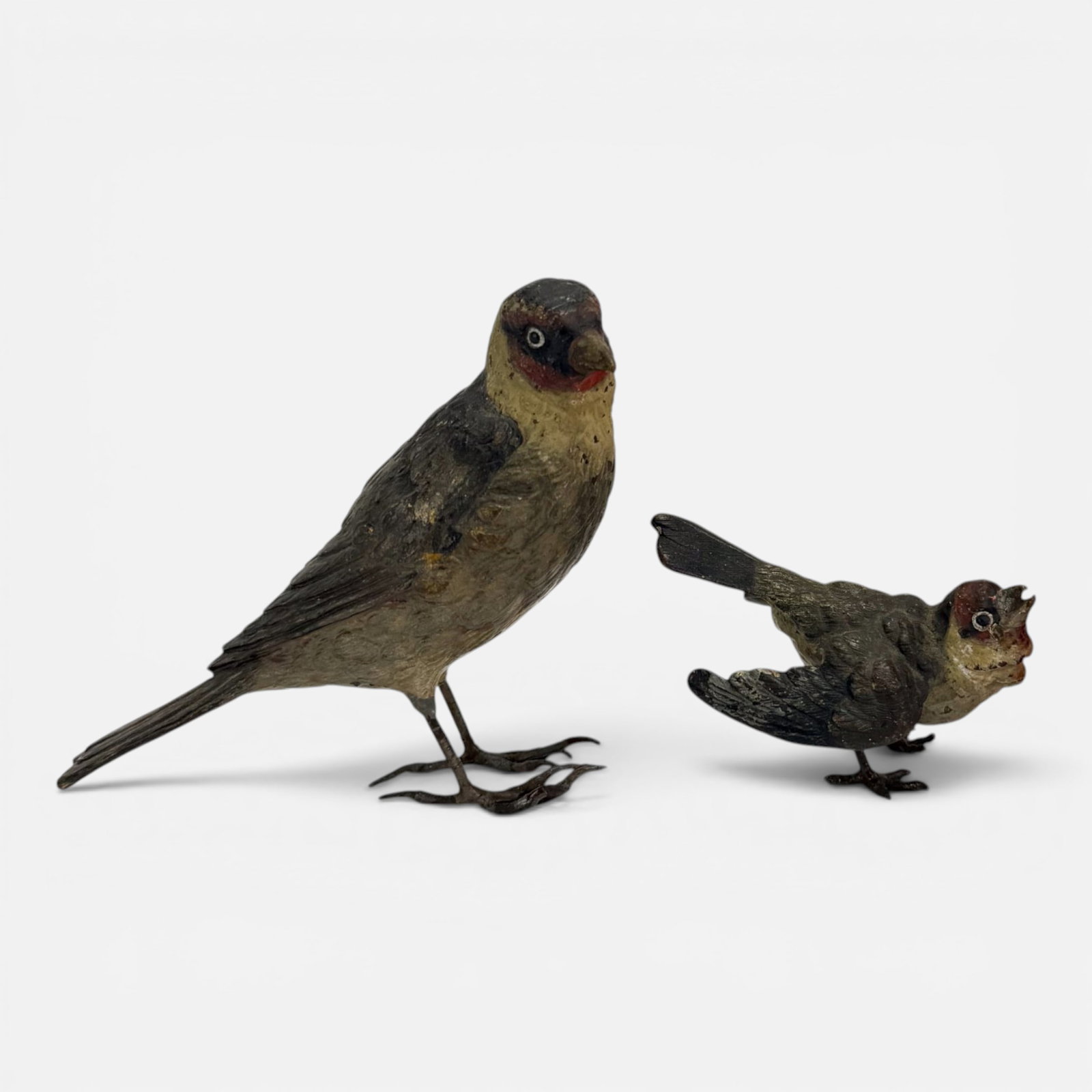 Two Antique Austrian Cold Painted Bronze Bird Figurines: Good condition, as shown with fading, paint loss. Measurement is for the larger one. For shipping, we highly recommend Donald Camden at UPS Store 4608. Alternatively, reach out to one of our preferred