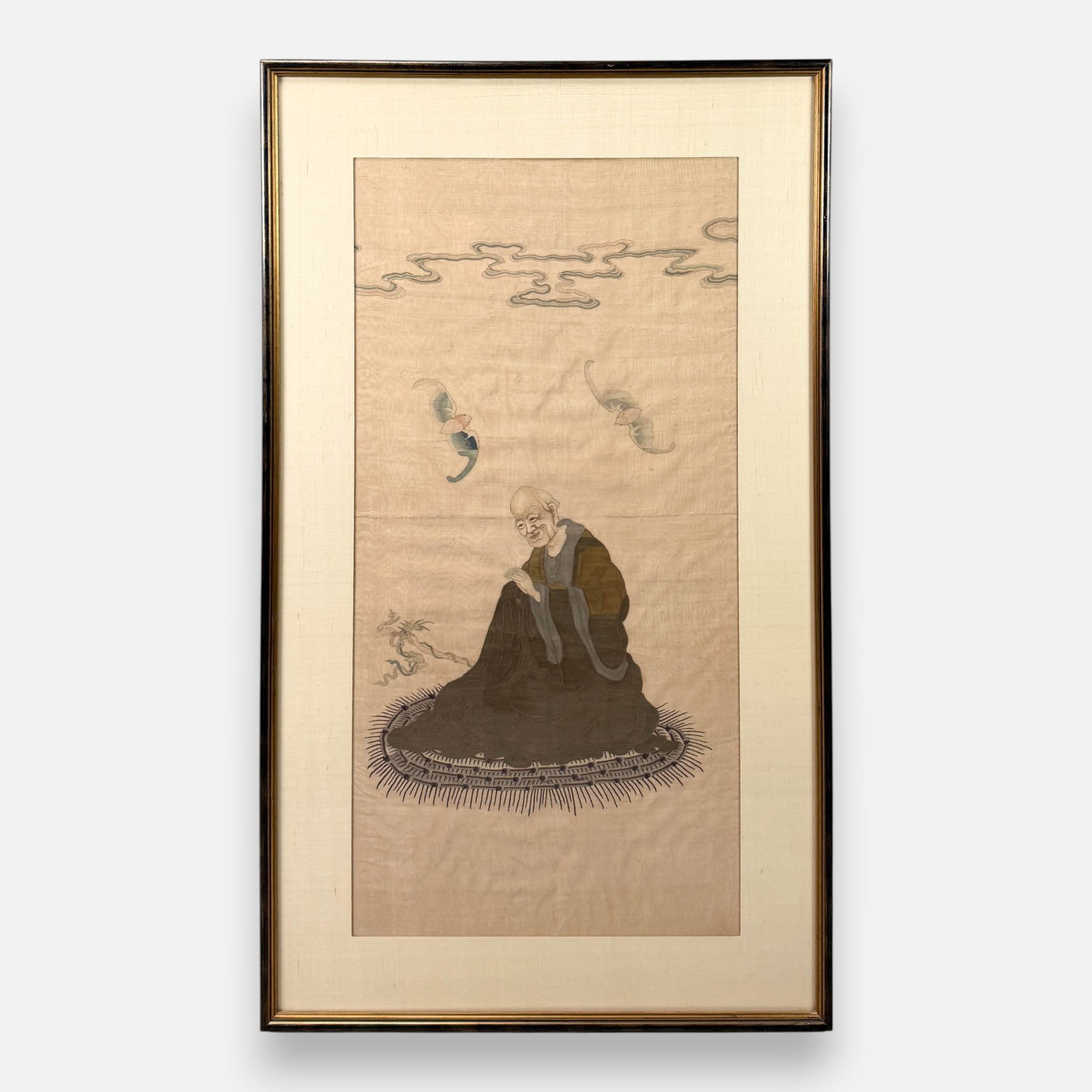 Antique Chinese Scholar Embroidered Silk Textile Framed: Approx. sight size 37 1/2" x 18 3/4". Framed, matted, and sealed. Unexamined out of frame. For shipping, we highly recommend Donald Camden at UPS Store 4608. Alternatively, reach out to one of our pre