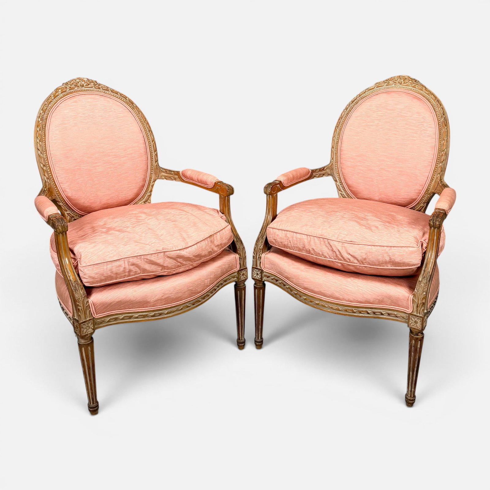 Pair French Louis XVI Style Armchairs w/Down-Filled Cushions: Very good condition, see spots of discoloration to the upholstery of one arm. For shipping, we highly recommend Donald Camden at UPS Store 4608. Alternatively, reach out to one of our preferred shippe