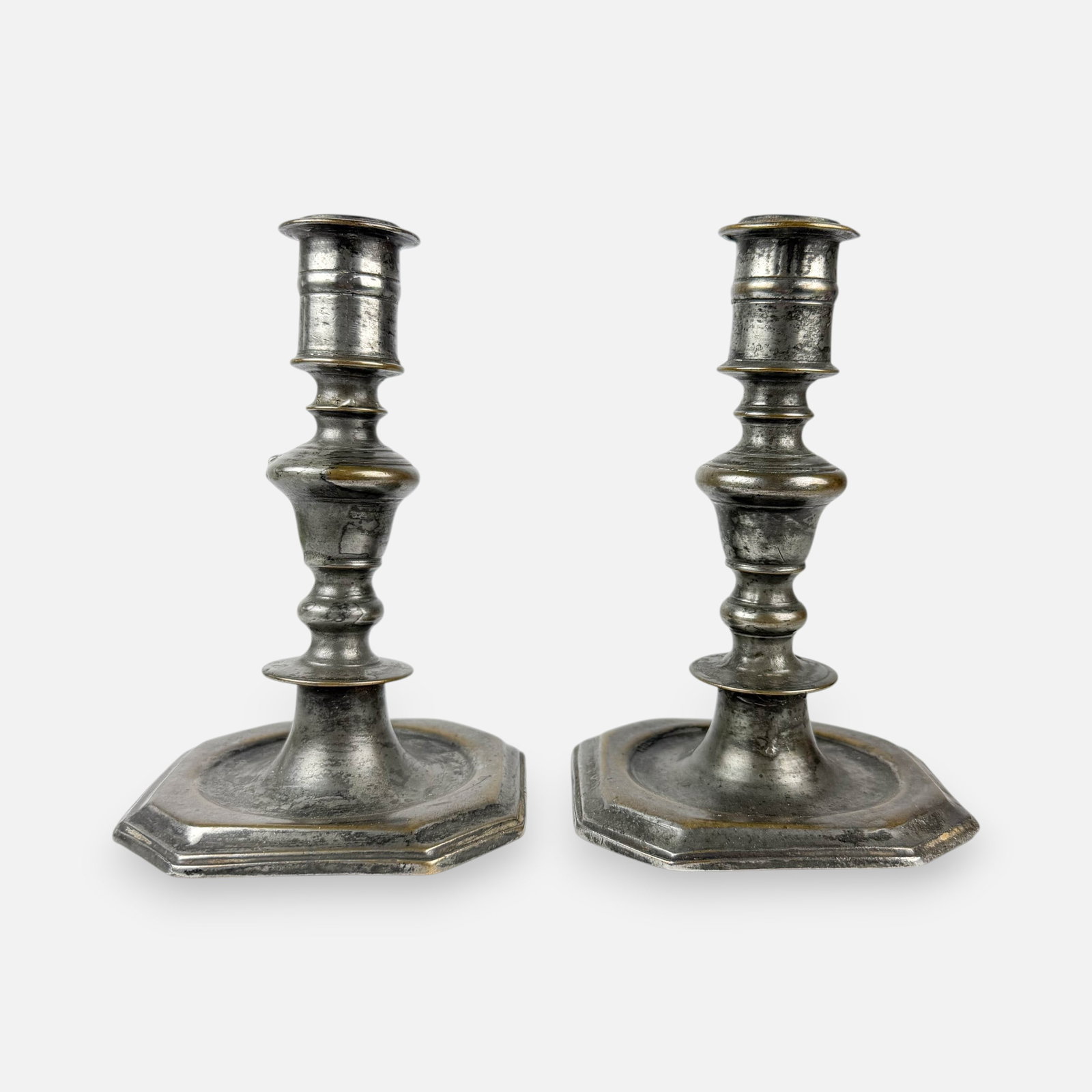 Pair Antique 17th/18thC Silvered Brass Candlesticks (1 of 7)