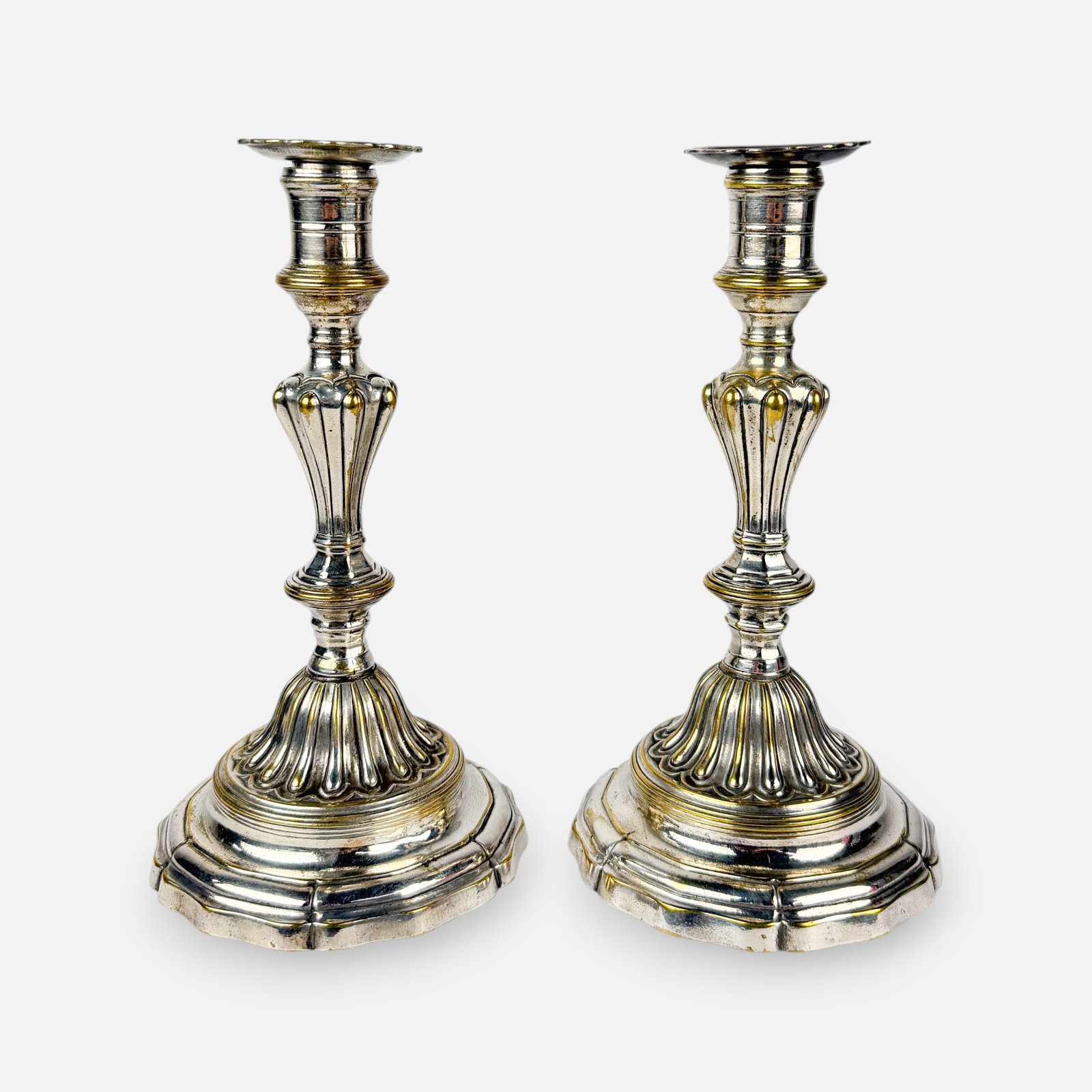 Pair Antique 18thC French Neoclassical Silvered Brass Candlesticks (1 of 7)
