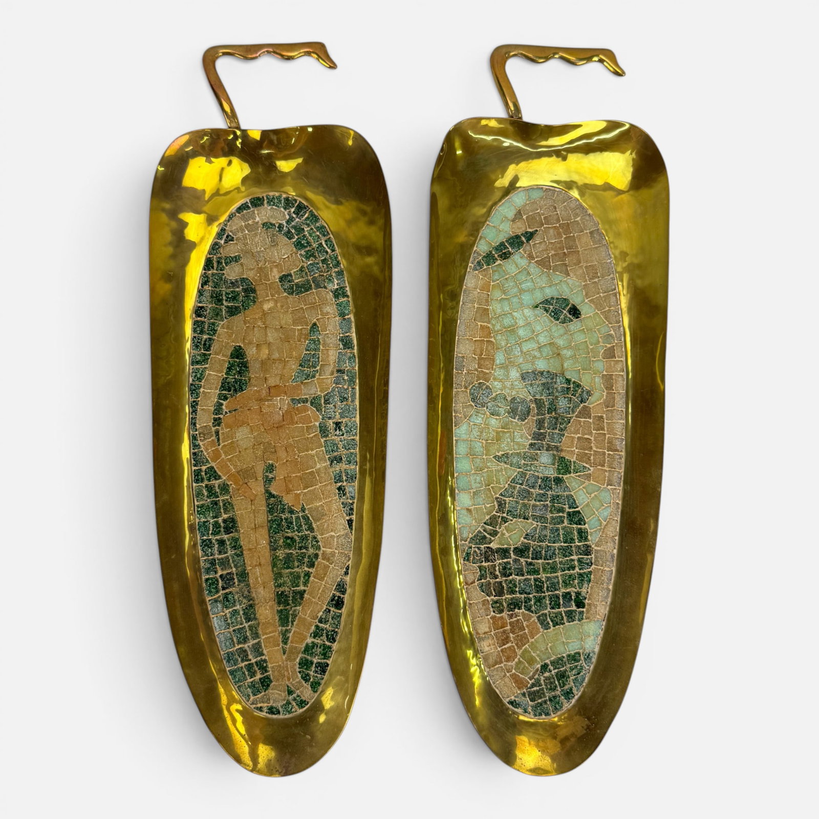 Two Salvador Teran Mexican MCM Brass and Glass Mosaic Trays: Ca. third quarter 20thC. Good age-appropriate condition. Marked as shown. For shipping, we highly recommend Donald Camden at UPS Store 4608. Alternatively, reach out to one of our preferred shippers l