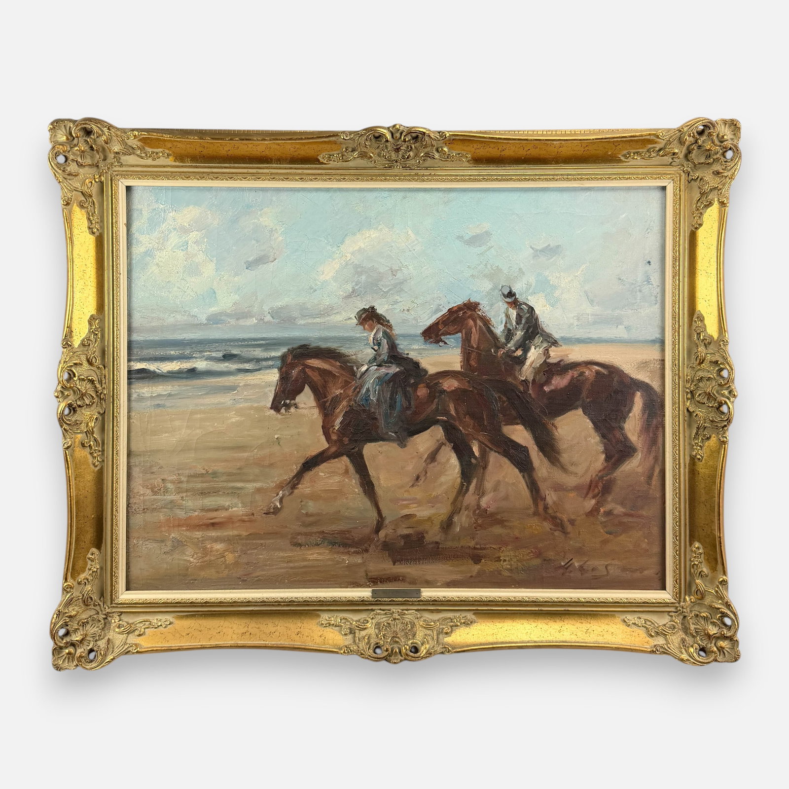Hans Johann Wagner Equestrian Beach Scene Oil on Canvas Painting: Hans Johann Wagner (Germany, 1866-1940), oil on canvas. Signed lower right. Approx. stretcher size 23 3/4" x 31 1/2". For shipping, we highly recommend Donald Camden at UPS Store 4608. Alternatively,