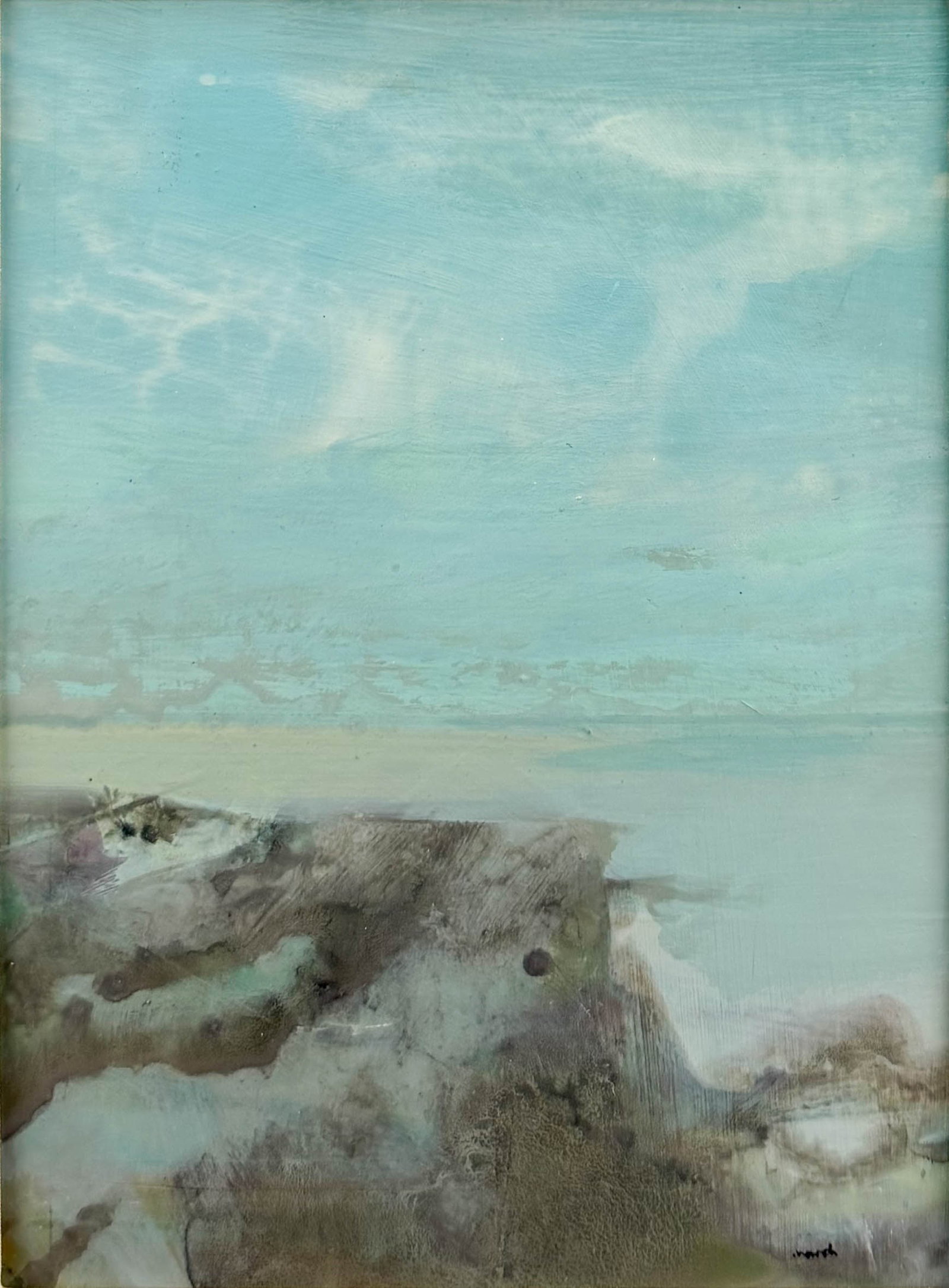 Mardi Barrie "Rockshore" Oil on Board Painting: Mardi Barrie (Scottish, 1931-2004), Rockshore, oil on board. Signed "Barrie" lower right. Framed, matted, and sealed. Unexamined out of frame. Very good sight condition. Approx. sight size 9 3/4" x 7