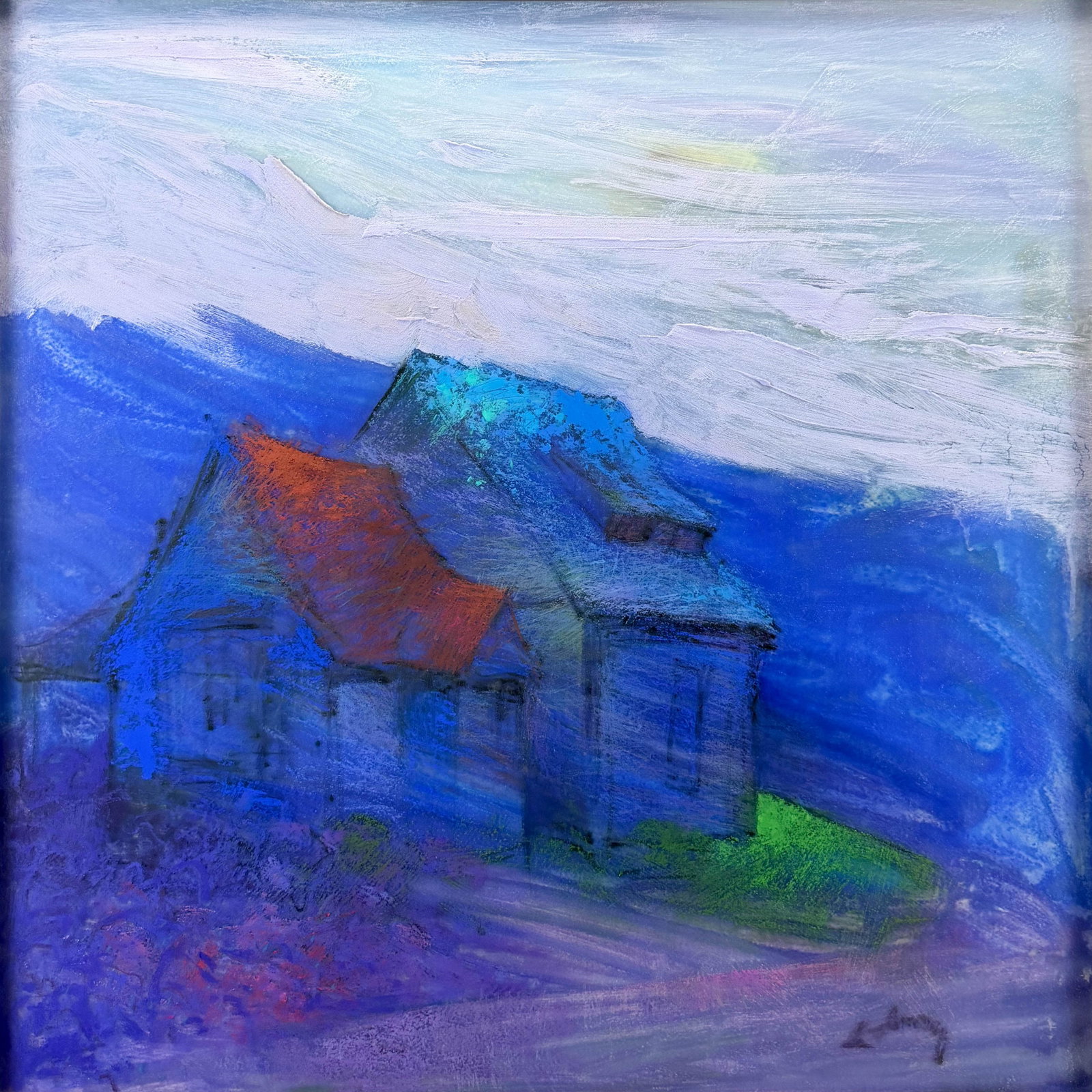 Al Lachman Fauvist Landscape w/Building Mixed Media Painting: Alan Lachman (American, b. 1936), oil on board. Signed lower right. Framed, matted, and sealed. Unexamined out of frame. Very good sight condition. Approx. sight size 29 1/4" x 29 1/4". For shipping, 