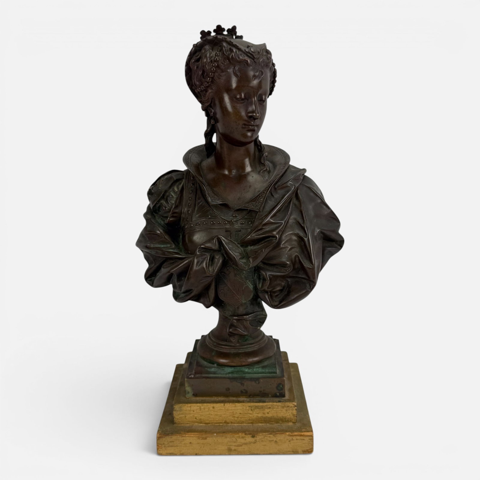 Eutrope Bouret (After) Renaissance Woman Bronze Bust Sculpture on Gilt Wood Base: Eutrope Bouret (French, 1838-1906), signed as shown. Good overall with shown oxidization. For shipping, we highly recommend Donald Camden at UPS Store 4608. Alternatively, reach out to one of our