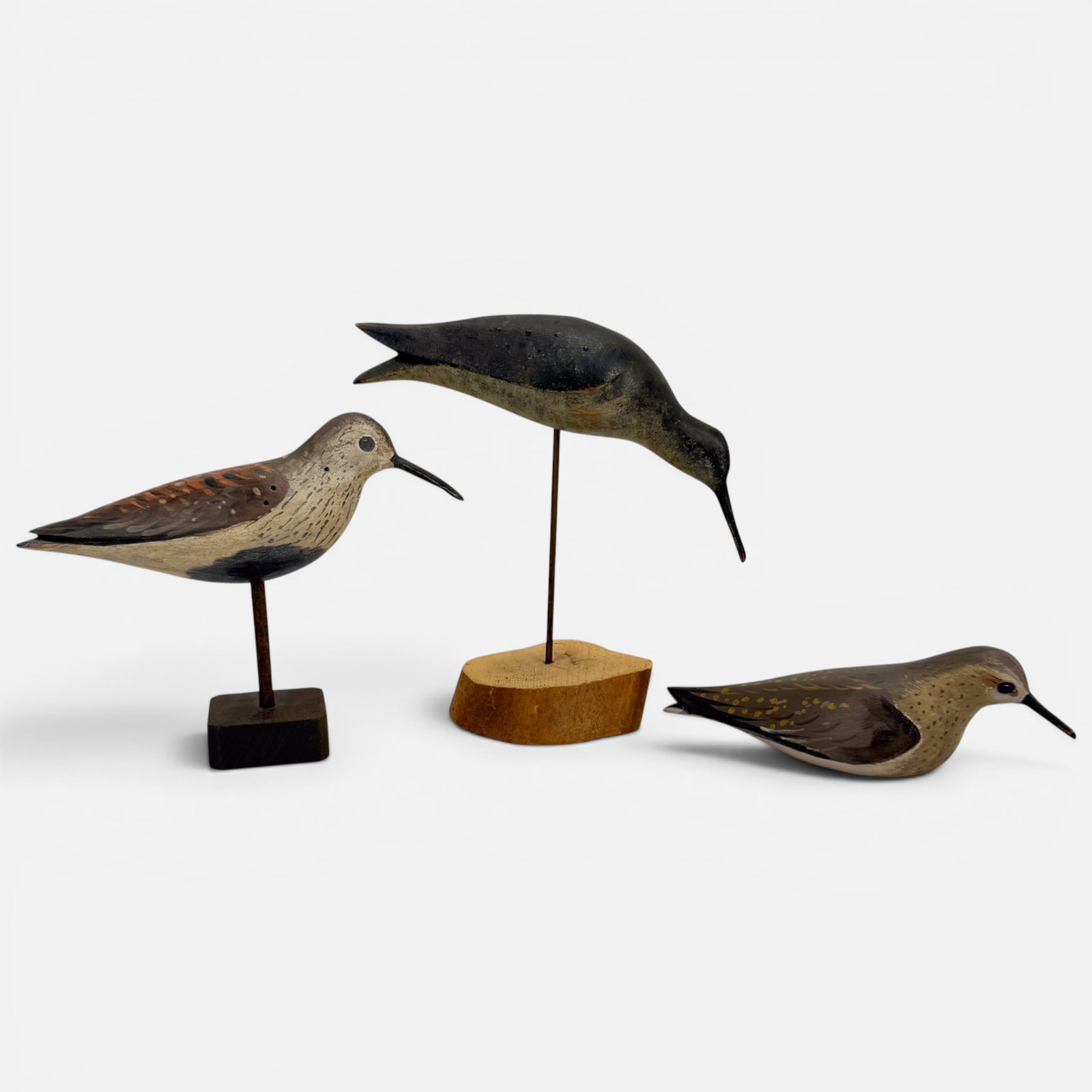 Three David Rhodes Carved and Painted Wood Shorebird Sculptures: Included measurement for largest sculpture. For shipping, we highly recommend Donald Camden at UPS Store 4608. Alternatively, reach out to one of our preferred shippers listed at the link below or ele