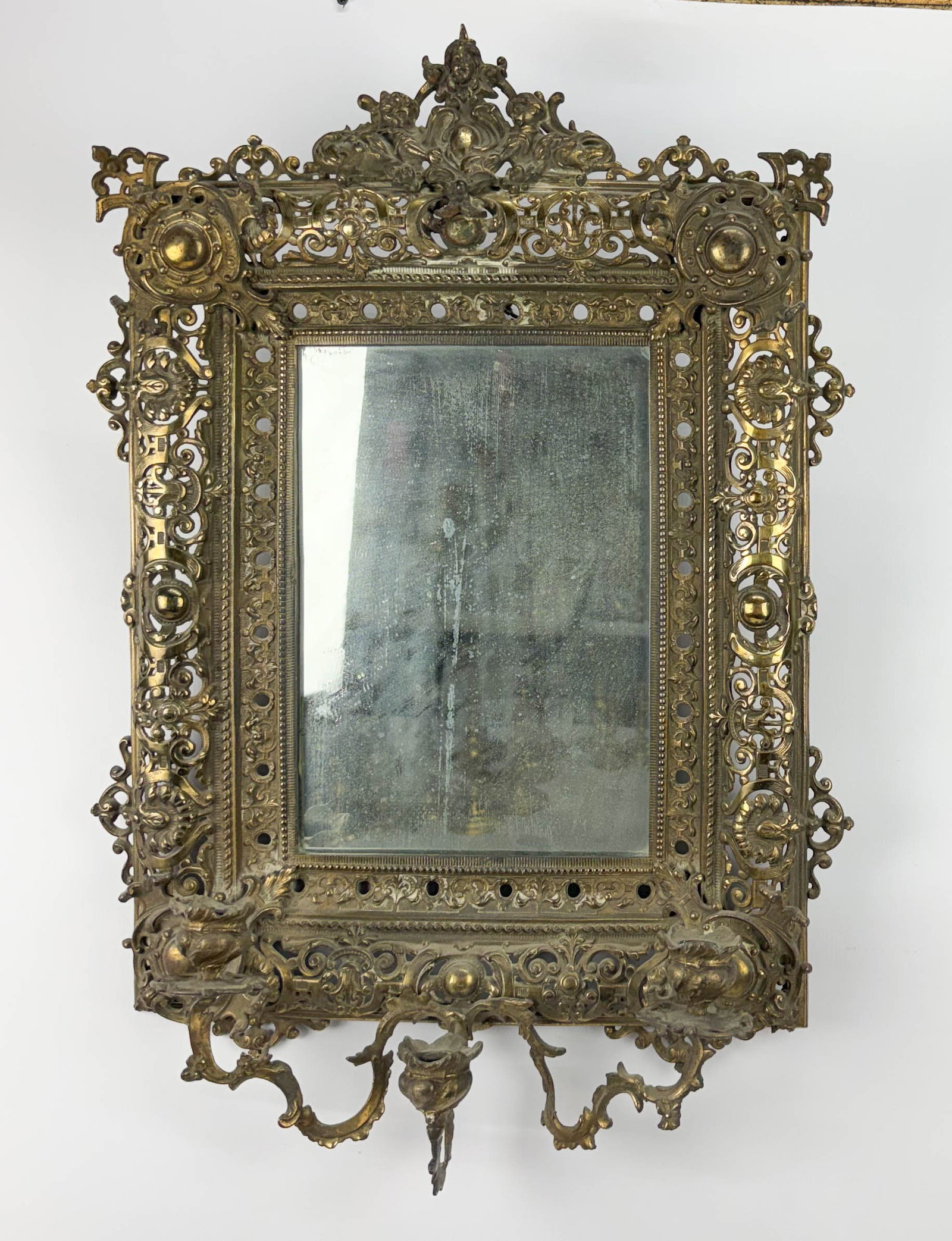 Antique Gilt Brass Three-Light Pierced Scrollwork Wall Sconce Mirror - 2