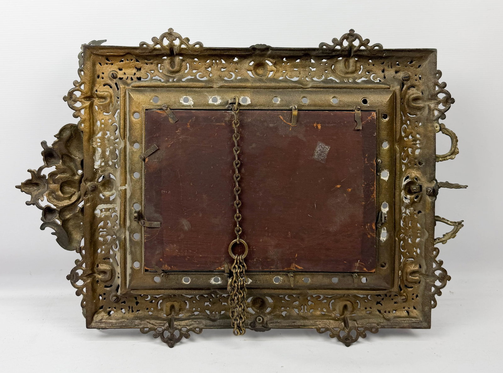 Antique Gilt Brass Three-Light Pierced Scrollwork Wall Sconce Mirror - 5