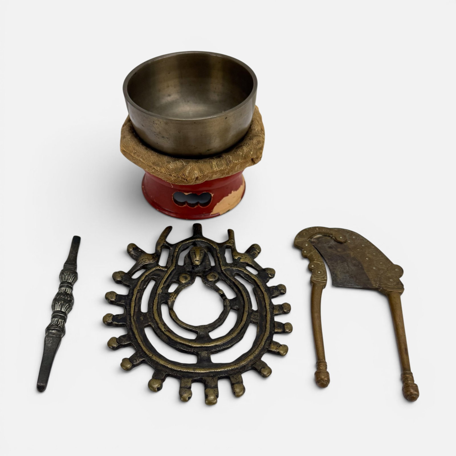 Antique Asian Bronze Singing Bowl, Brass Betel Nut Cutter, Tibetan Thogchag, and Vajra: Measurement is for the pendant. The bowl is 1 1/2" x 3 1/8" x 3 1/8". For shipping, we highly recommend Donald Camden at UPS Store 4608. Alternatively, reach out to one of our preferred shippers liste