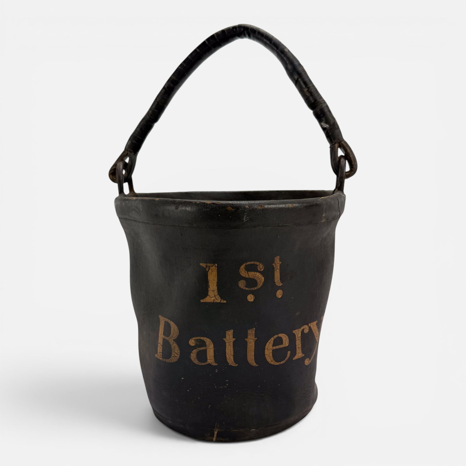 Antique Goodyear Vulcanized Rubber 1st Battery Fire Brigade Bucket: Ca. late 19thC. Fine original condition, sticky residue on the handle. Measurement is with the handle upward. For shipping, we highly recommend Donald Camden at UPS Store 4608. Alternatively, reach ou