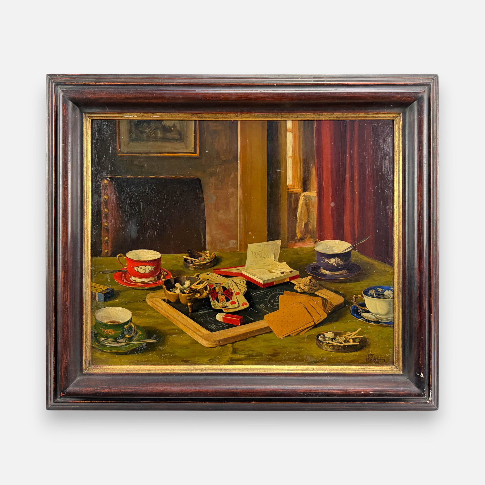 Hans Kalmar 1944 Trompe l'Oeil Still Life Oil on Board Painting: Hans Kalmar (Hungarian, 1888-1959), signed and dated lower right, titled to verso. See mildew, scuffs, and discoloration. Approx. board size 15 3/4" x 19 1/4". For shipping, we highly recommend Donald