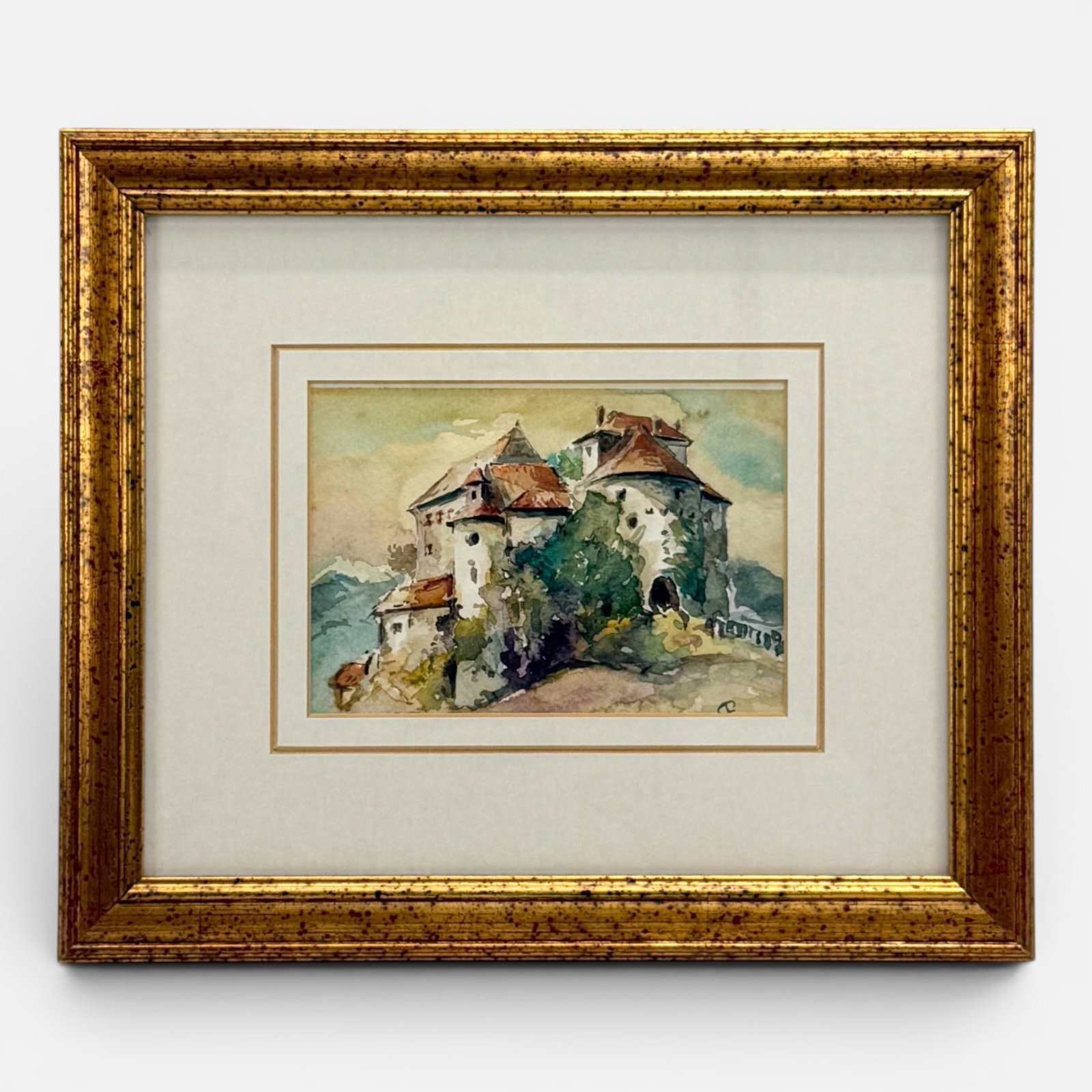 Italian Castle Schenna Watercolor on Paper Painting: Signature appears to have been matted out. Approx. sight size 3 1/2" x 5 1/4". Framed, matted, and sealed. Unexamined out of frame. For shipping, we highly recommend Donald Camden at UPS Store 4608. A