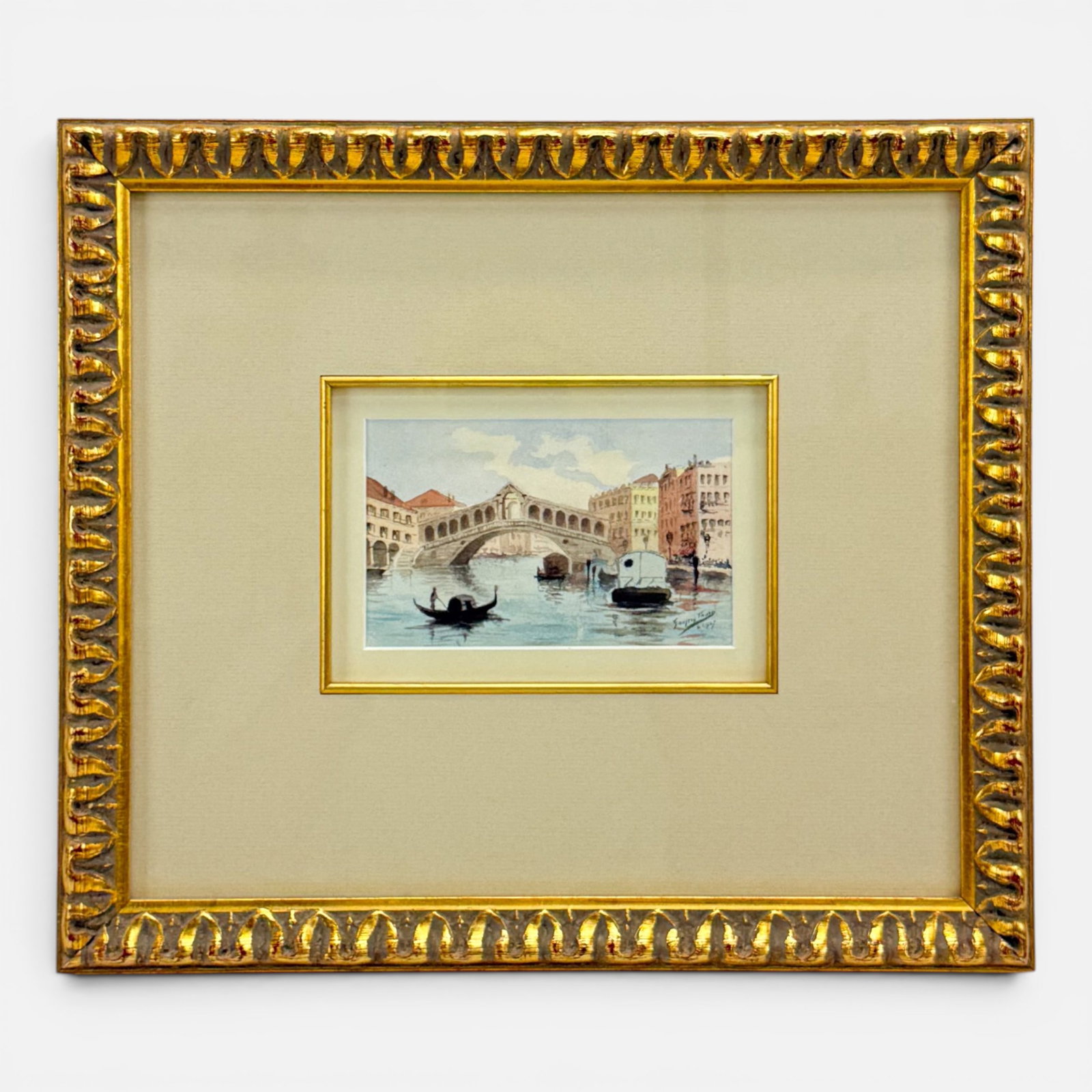 Artist Signed 1907 Rialto Bridge Venetian Watercolor Painting: Unintelligibly signed lower right and dated 1907. Approx. sight size 3 1/4" x 5". Framed, matted, and sealed. Unexamined out of frame. For shipping, we highly recommend Donald Camden at UPS Store 4608