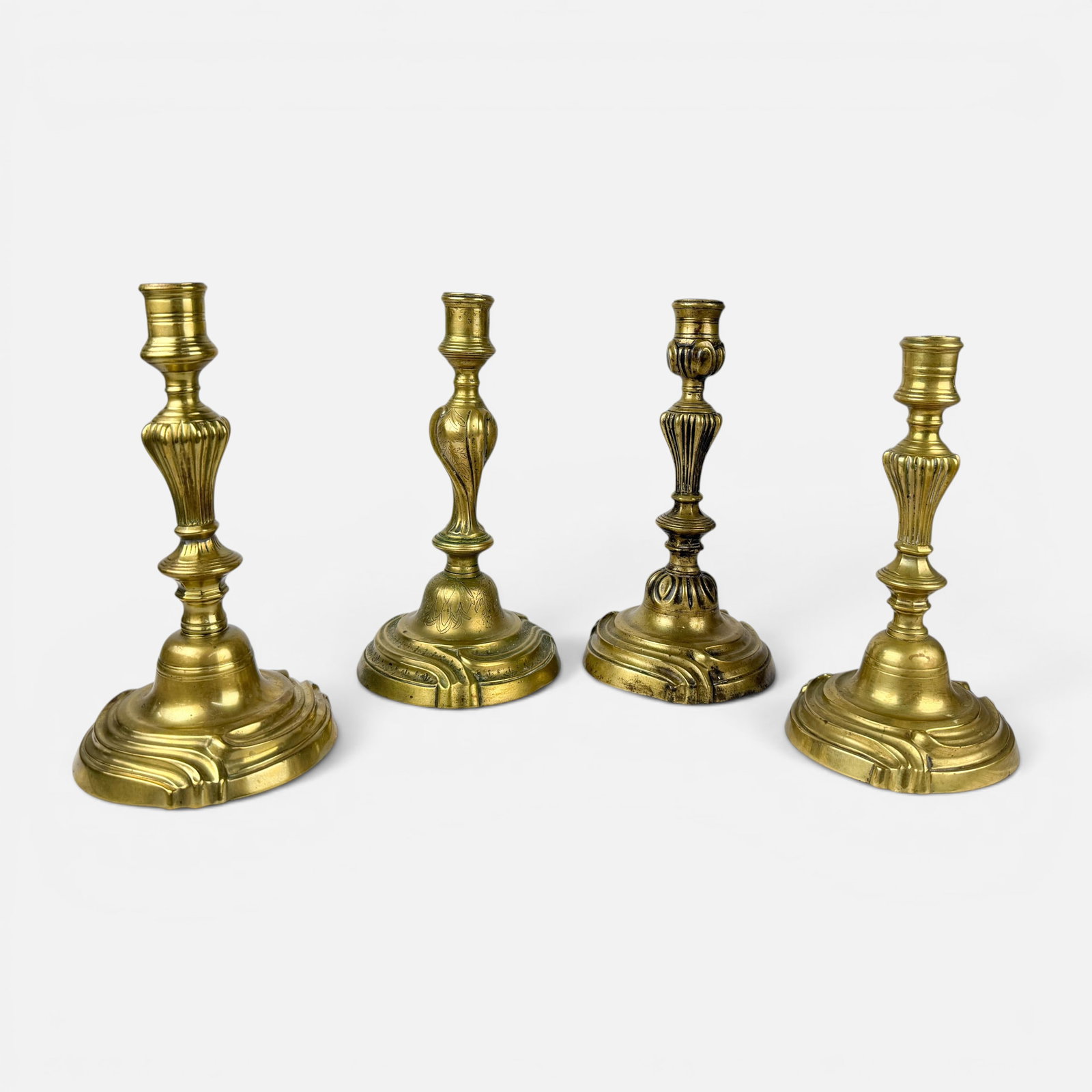 Four Antique 18thC Brass Rococo Candlesticks (1 of 14)