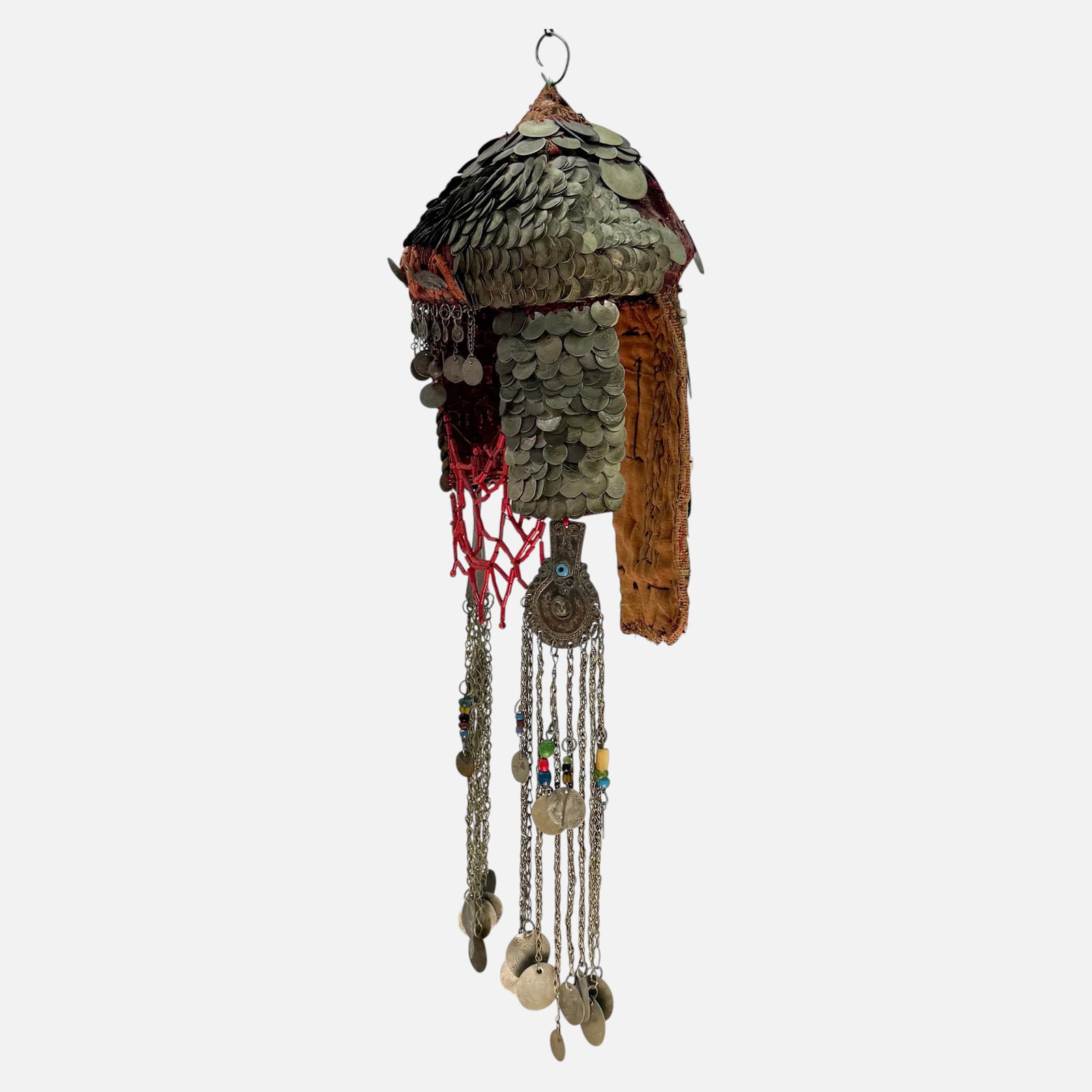 Scarce Palestinian Bridal "Shatweh" Headdress Decorated w/Cowries, Ottoman Coins, and Beads