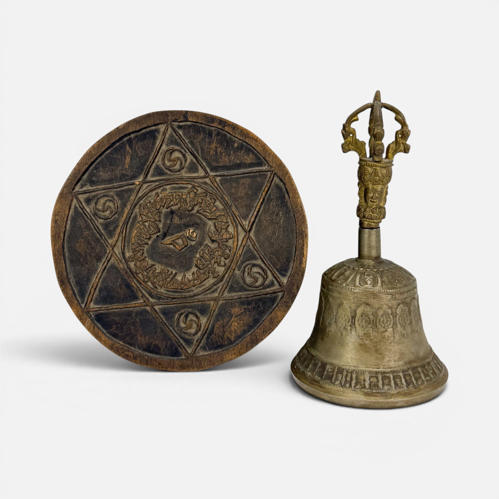 Antique Tibetan Carved Wood Six-Point Star Plaque and Cast Bronze Vajrayana Ghanta Bell: Good condition commensurate with age and use. Measurement is for the plaque. For shipping, we highly recommend Donald Camden at UPS Store 4608. Alternatively, reach out to one of our preferred shipper