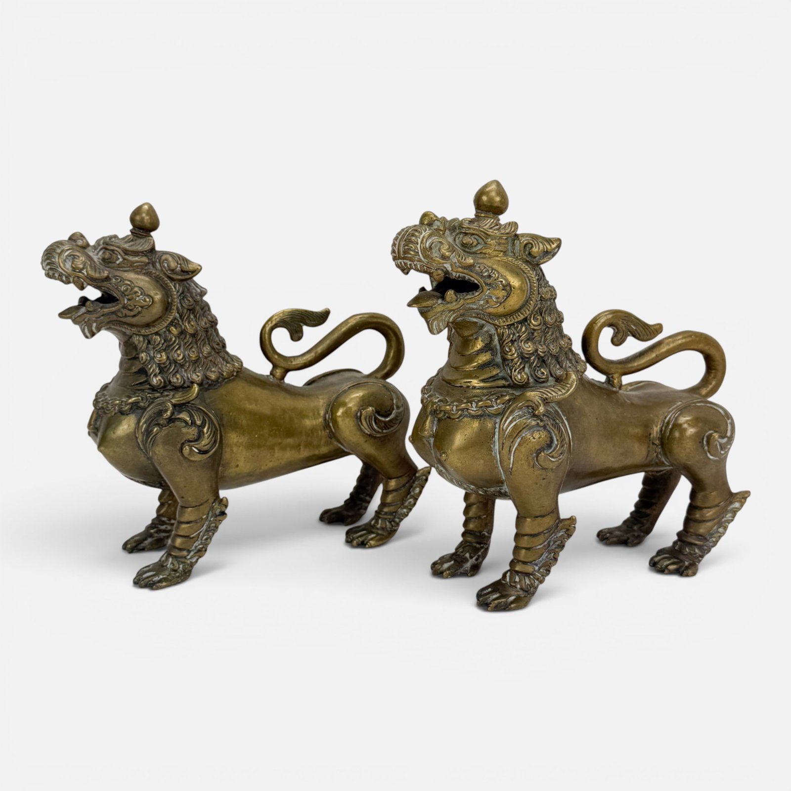 Pair Antique Nepalese Bronze Shinga Snow Lion Temple Guardian Figures (1 of 9)