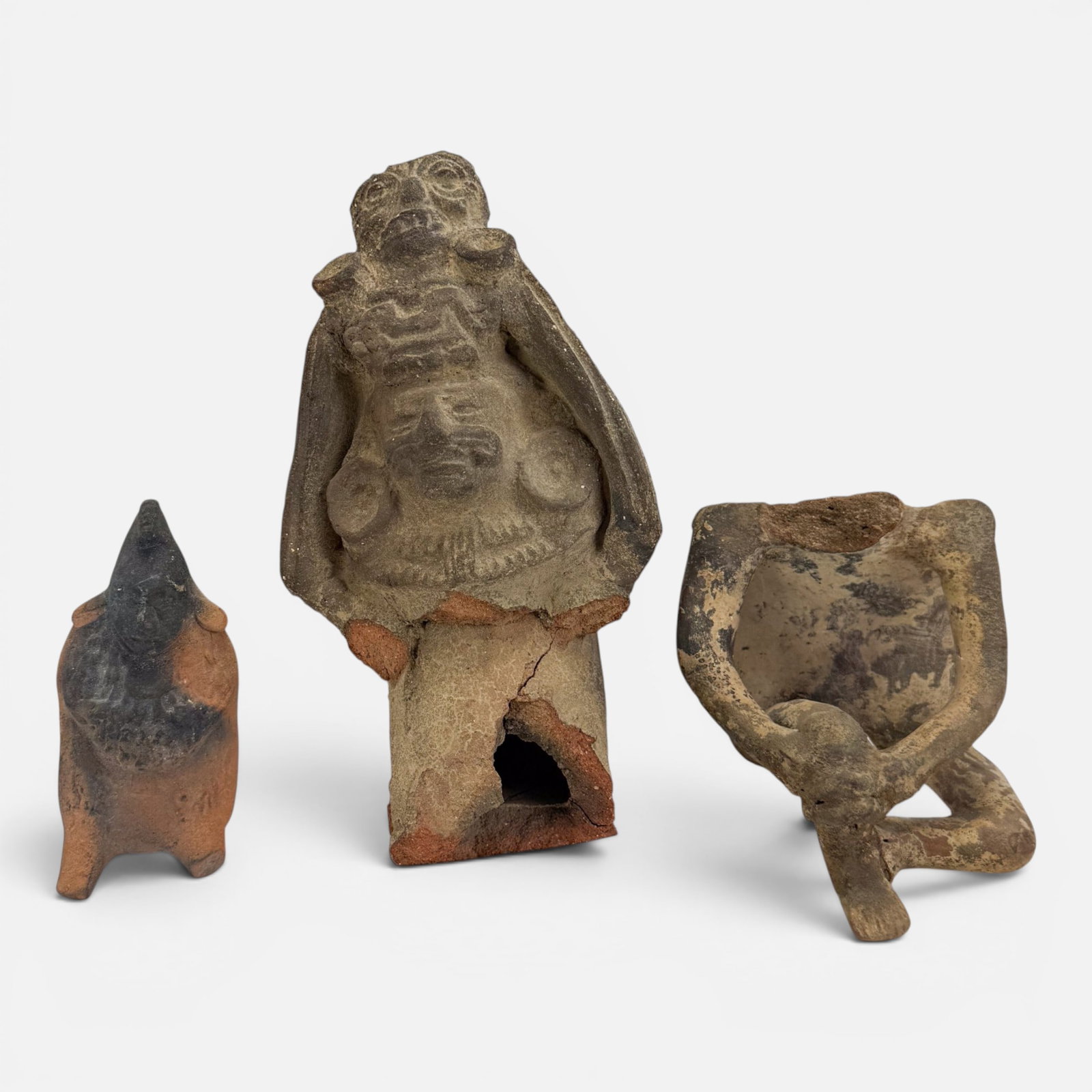Three Pre-Columbian Mexican Pottery Figures: Ca. 200-800AD, Mexico. See various cracks, losses, age-appropriate surface wear. Largest fragment is approx. 5 1/2" x 2" x 3/4". For shipping, we highly recommend Donald Camden at UPS Store 4608. Alte