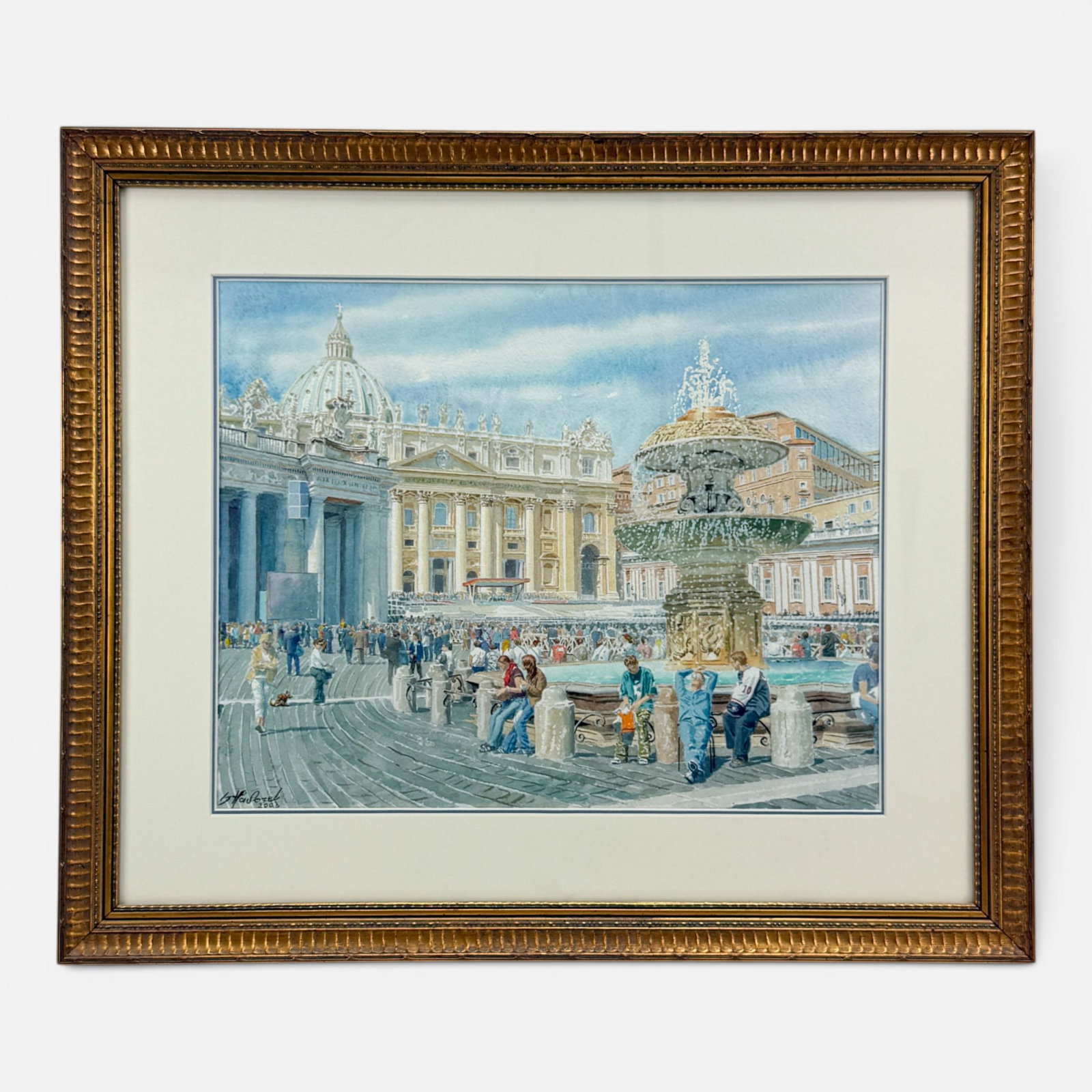 Stanislaw F. Jaworek, Czerkiz 2003 Vatican Bernini Fountain Scene Watercolor Painting: Stanislaw Franciszek "Czerkiz" Jaworek (Polish, b. 1962), watercolor on paper. Signed and dated lower left. Approx. sight size 14" x 17 1/2". Framed, matted, and sealed. Unexamined out of frame. For s