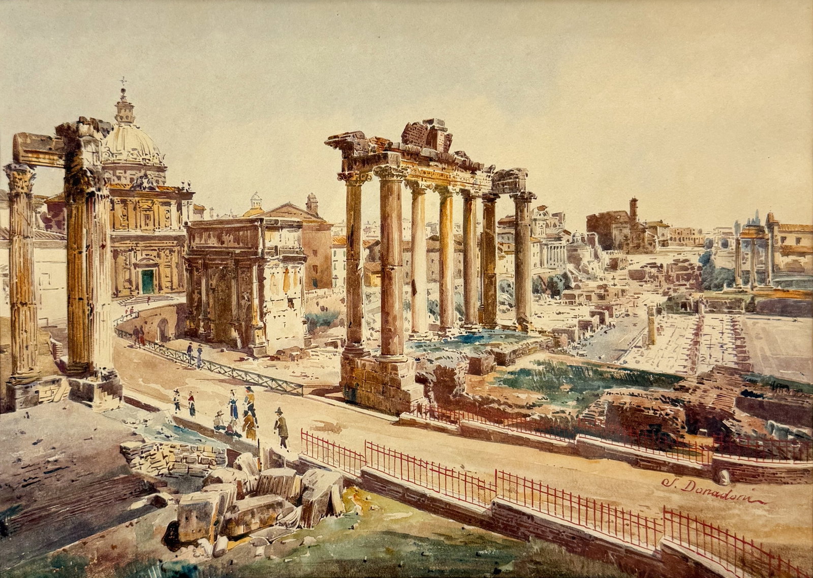 Stefano Donadoni "Ruins of The Roman Forum" 19thC Watercolor Painting: Stefano Donadoni (Italian, 1844-1911), watercolor on paper. Signed "S. Donadoni" lower right. Very good sight condition. Approx. sight size 10 1/2" x 14 1/2". Framed, matted, and sealed. Unexamined ou