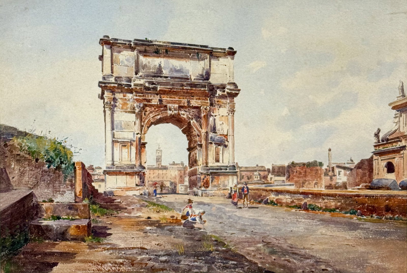 Stefano Donadoni "Arch of Titus" 19thC Watercolor Painting: Stefano Donadoni (Italian, 1844-1911), watercolor on paper. Apparently unsigned. Very good sight condition. Approx. sight size 10 1/2" x 14 1/2". Framed, matted, and sealed. Unexamined out of frame. F